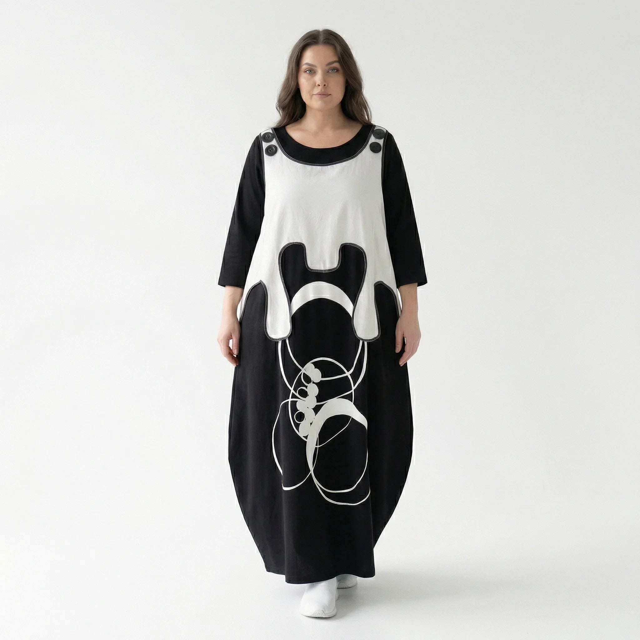 Cadrelli Maxikleid in Schwarz-Weiß mit Kunst-Print & French Terry – Avantgarde Damenmode bei Modeare entdecken