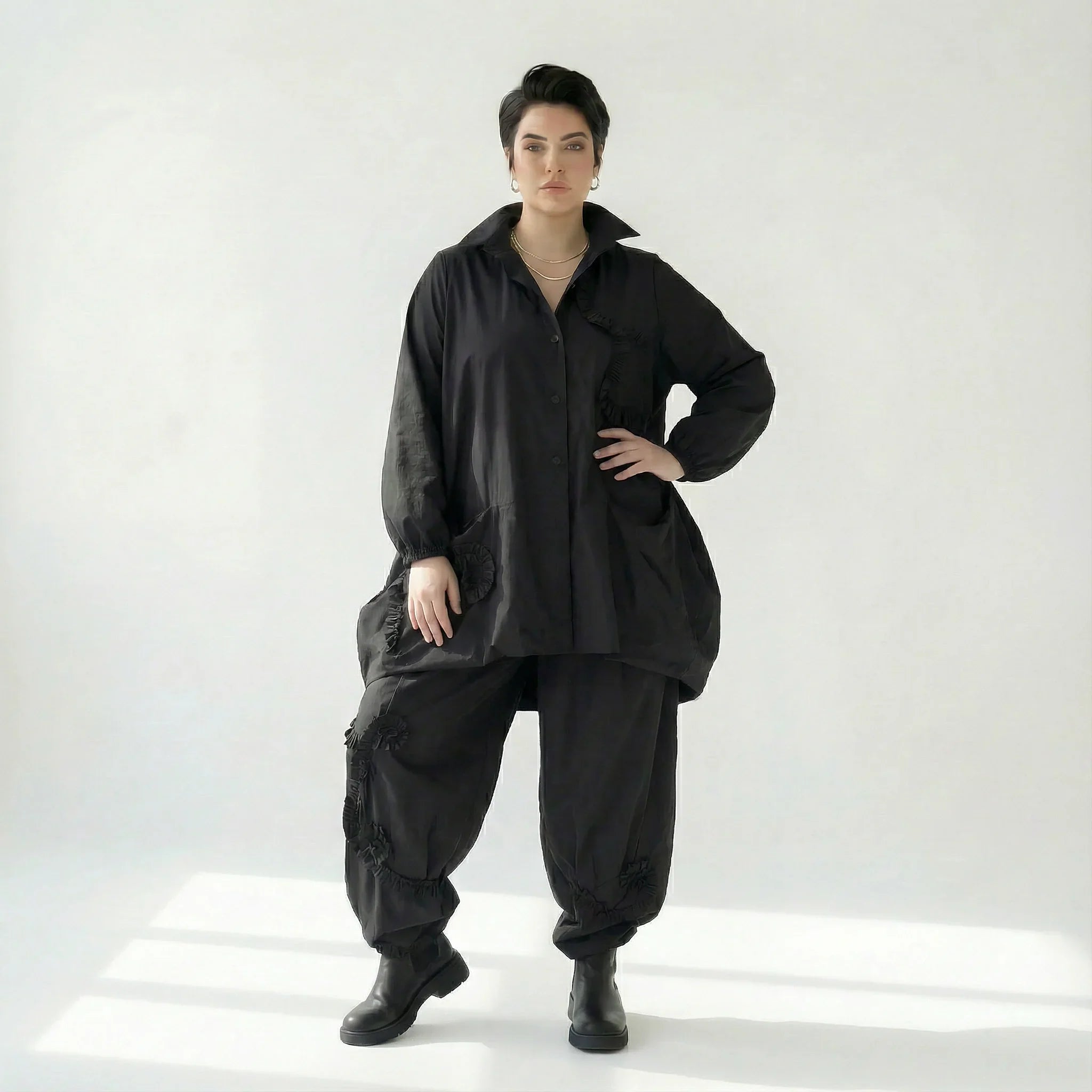 Schwarze Oversize Jacke Damen Avantgarde Lagenlook Polyester Frühjahr Sommer Caraclan bei Modeare