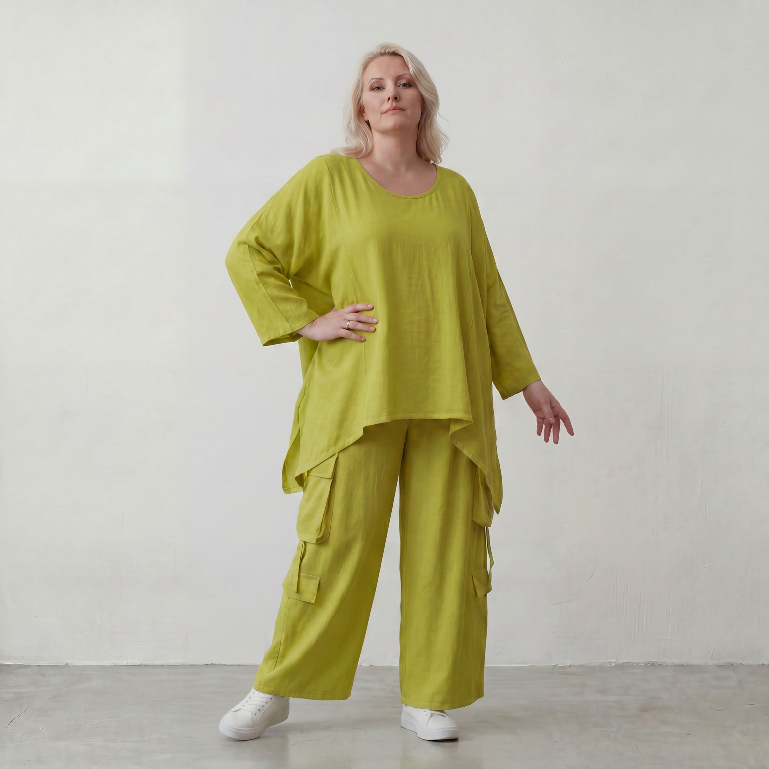Apfelgrün Oversize Shirt im Lagenlook leger ausgefallen mit Leinenoptik luftig asymmetrisch