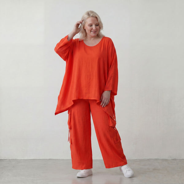 Legeres Oversize Shirt in Hellrot mit Leinenfeeling fuer sommerlichen Lagenlook zeitlos