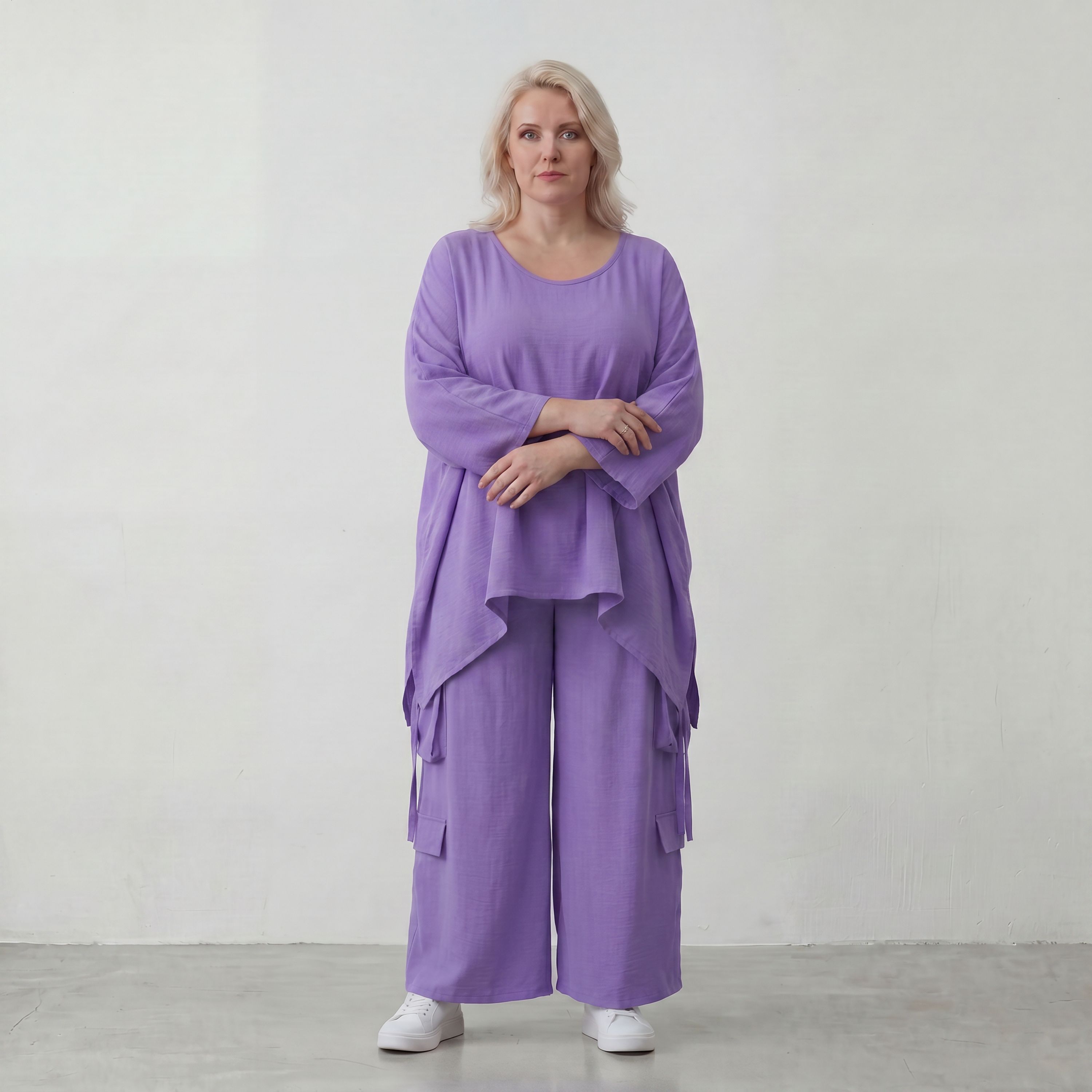 Flieder Oversize Shirt in Leinenoptik entspannt besonders mit Lagenlook Vokuhila Schnitt