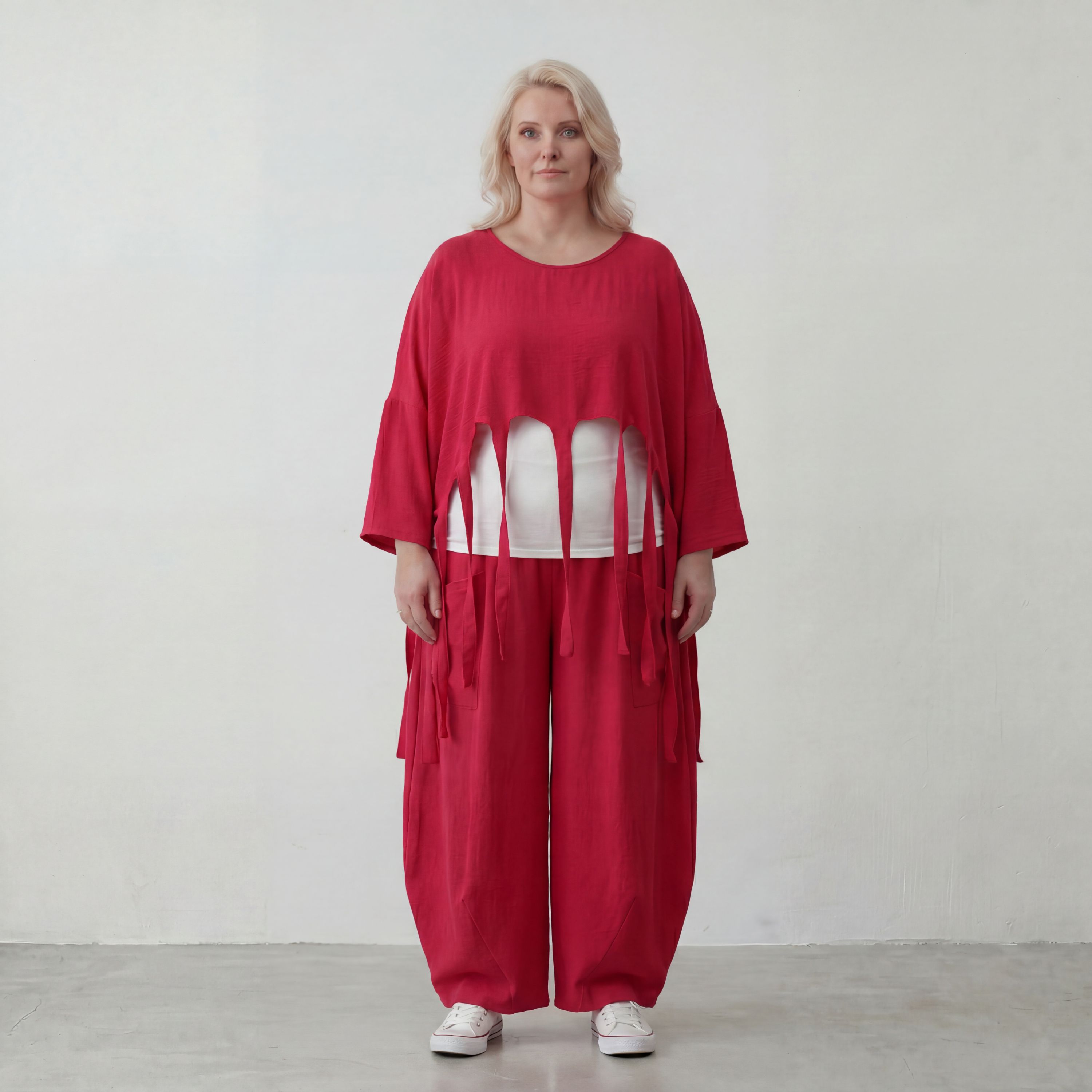 Fuchsia Oversize Überwurf im Lagenlook stilvoll ausgefallen mit Leinenoptik Fransen chic
