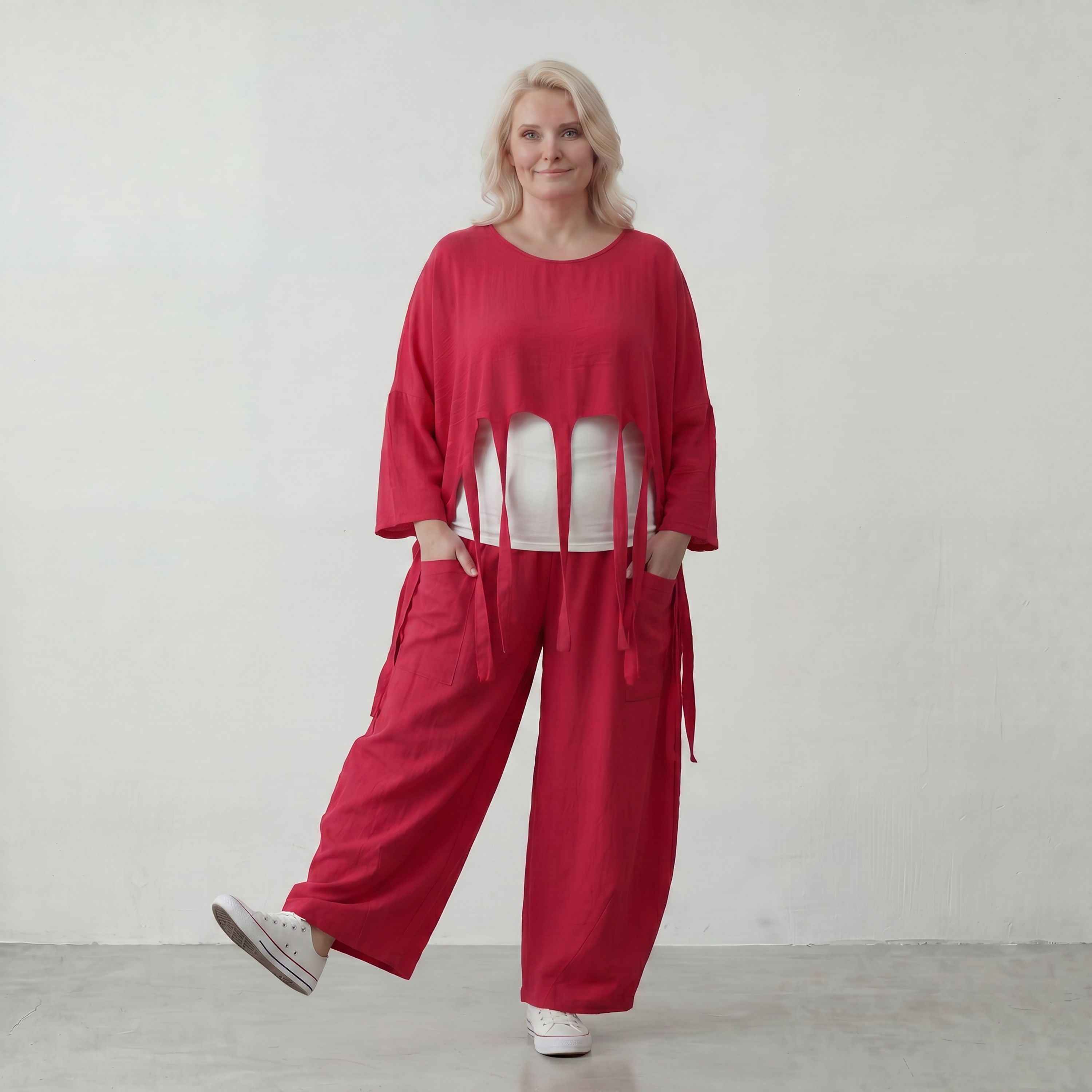 Fuchsia Oversize Überwurf im Lagenlook stilvoll ausgefallen mit Leinenoptik Fransen chic