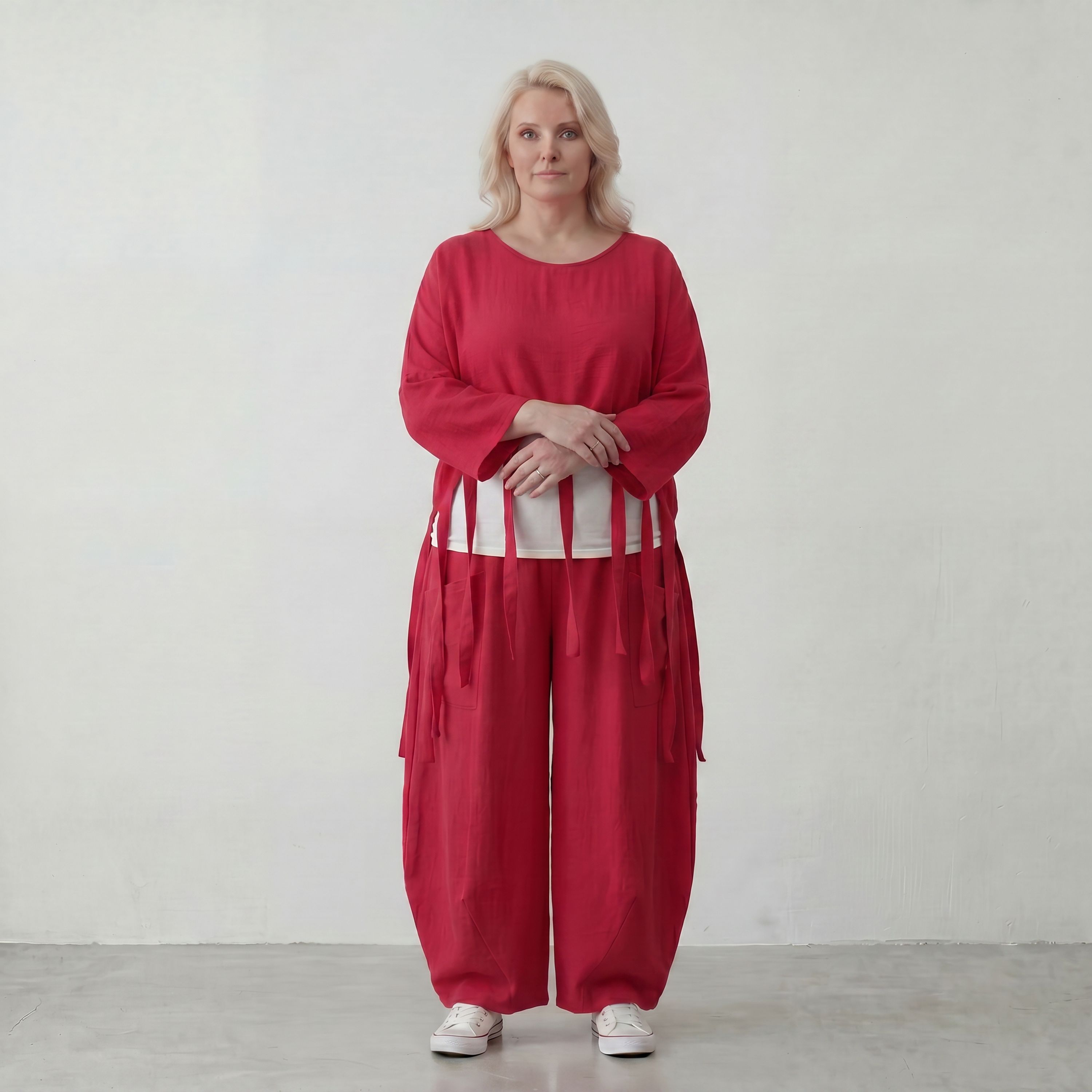 Fuchsia Oversize Überwurf im Lagenlook stilvoll ausgefallen mit Leinenoptik Fransen chic