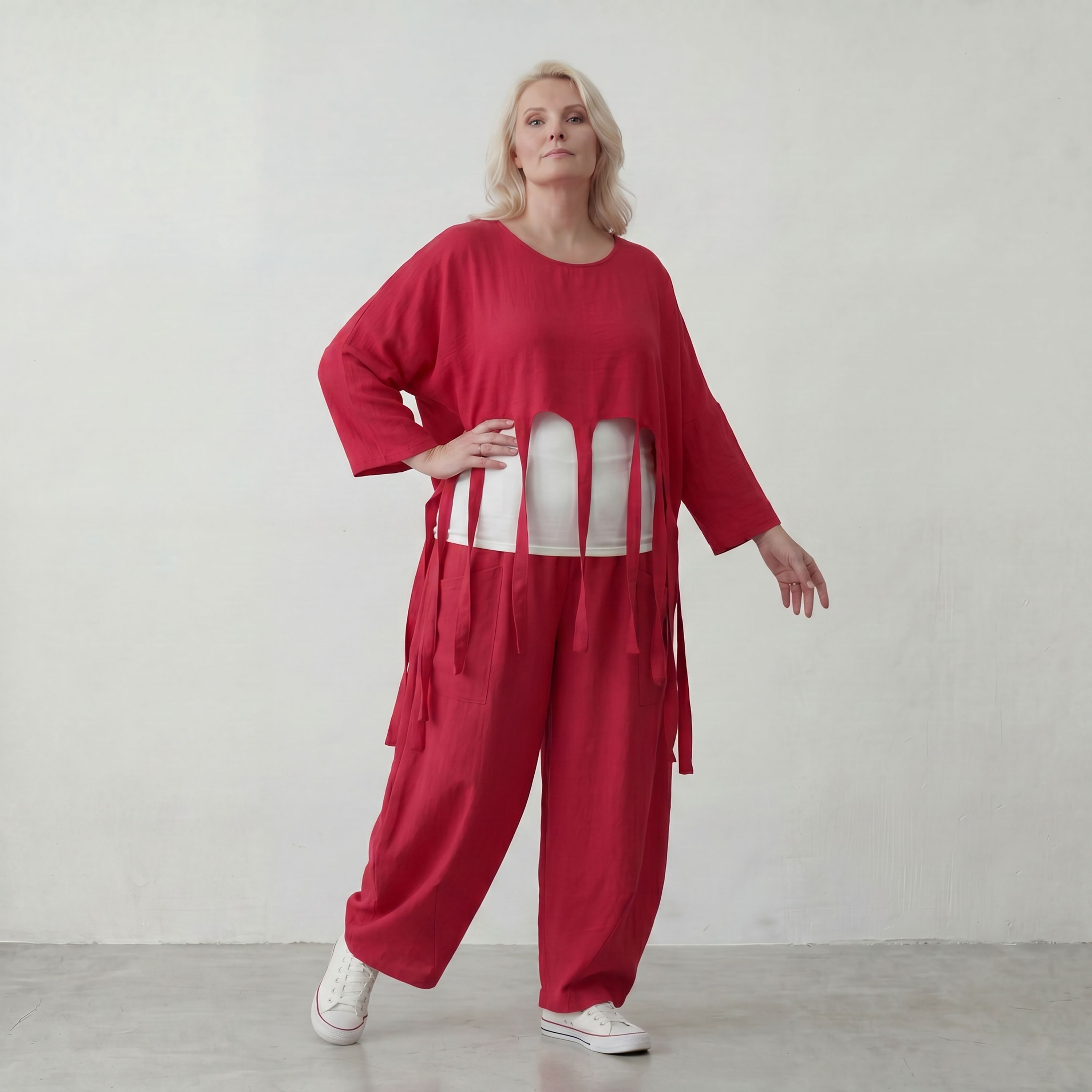 Fuchsia Oversize Überwurf im Lagenlook stilvoll ausgefallen mit Leinenoptik Fransen chic