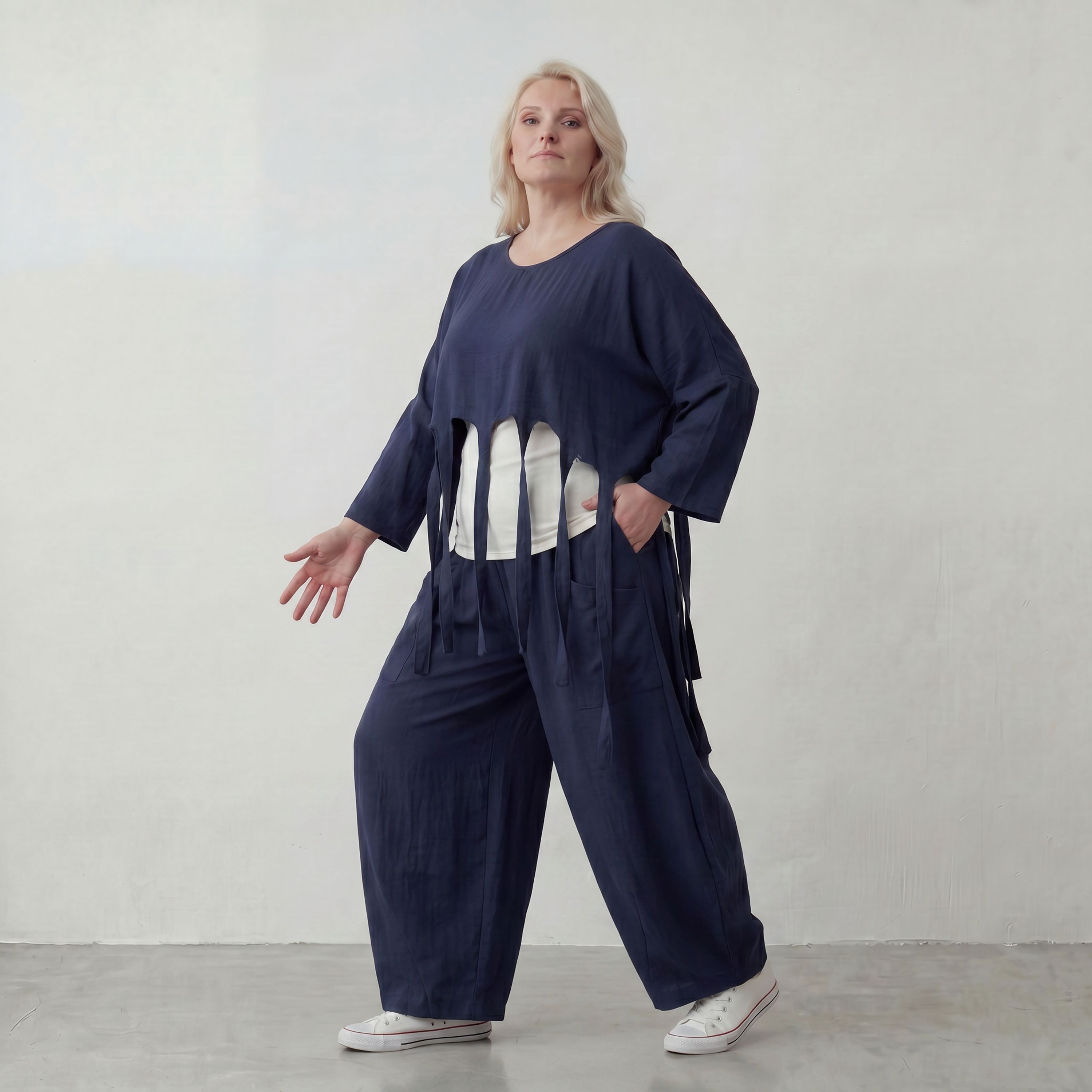 Marine Lagenlook Ueberwurf Oversize leger mit Leinenoptik zeitlos besonders luftig weich