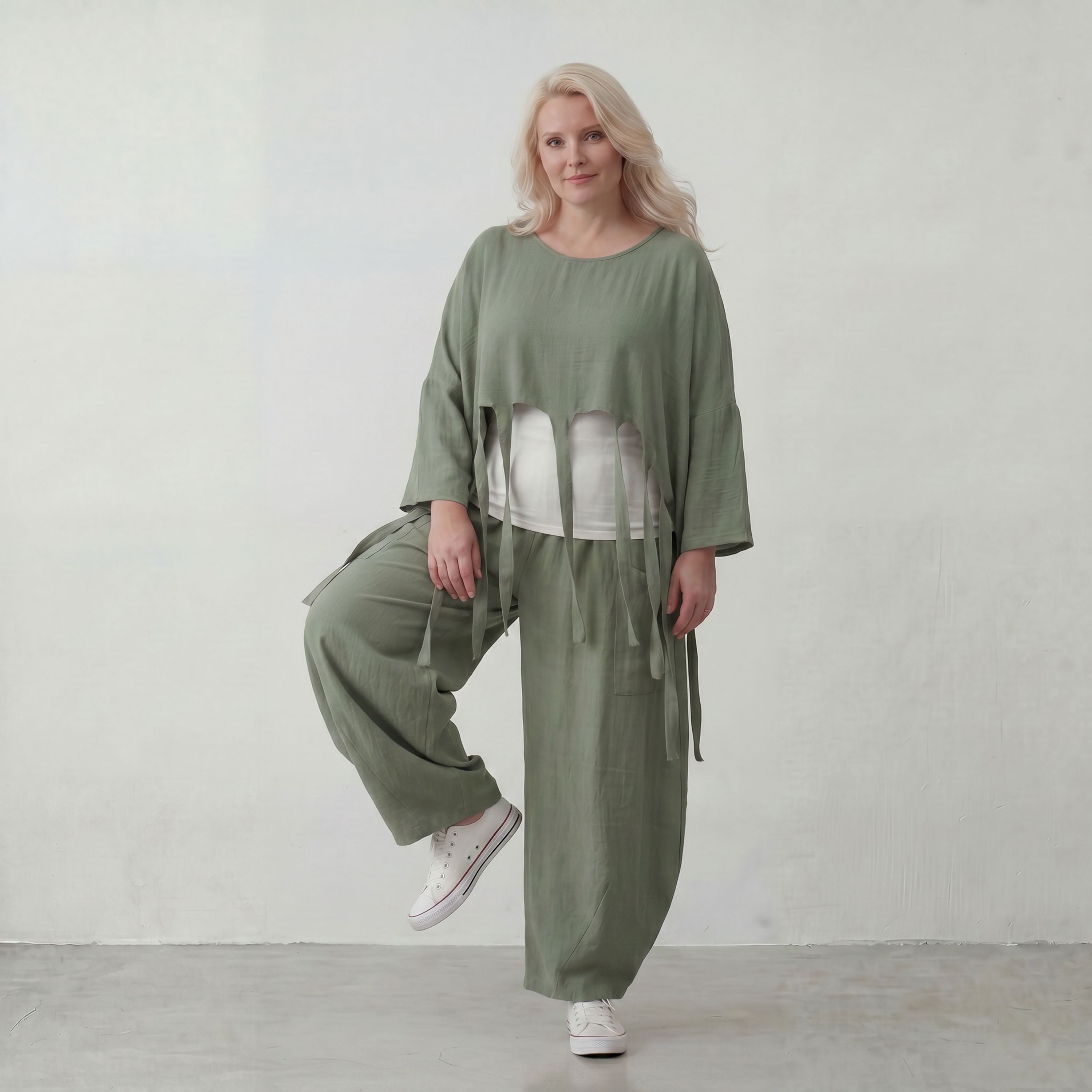 Luftiger Khaki Lagenlook Überwurf in Leinenoptik Oversize leger zeitlos elegant und fein