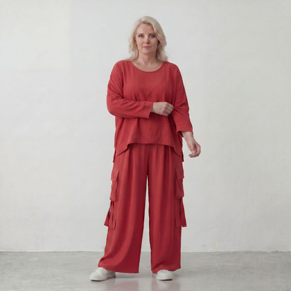 Fuchsia Ballonhose im Lagenlook Oversize leger ausgefallen mit Fransen Flügeltaschen cool