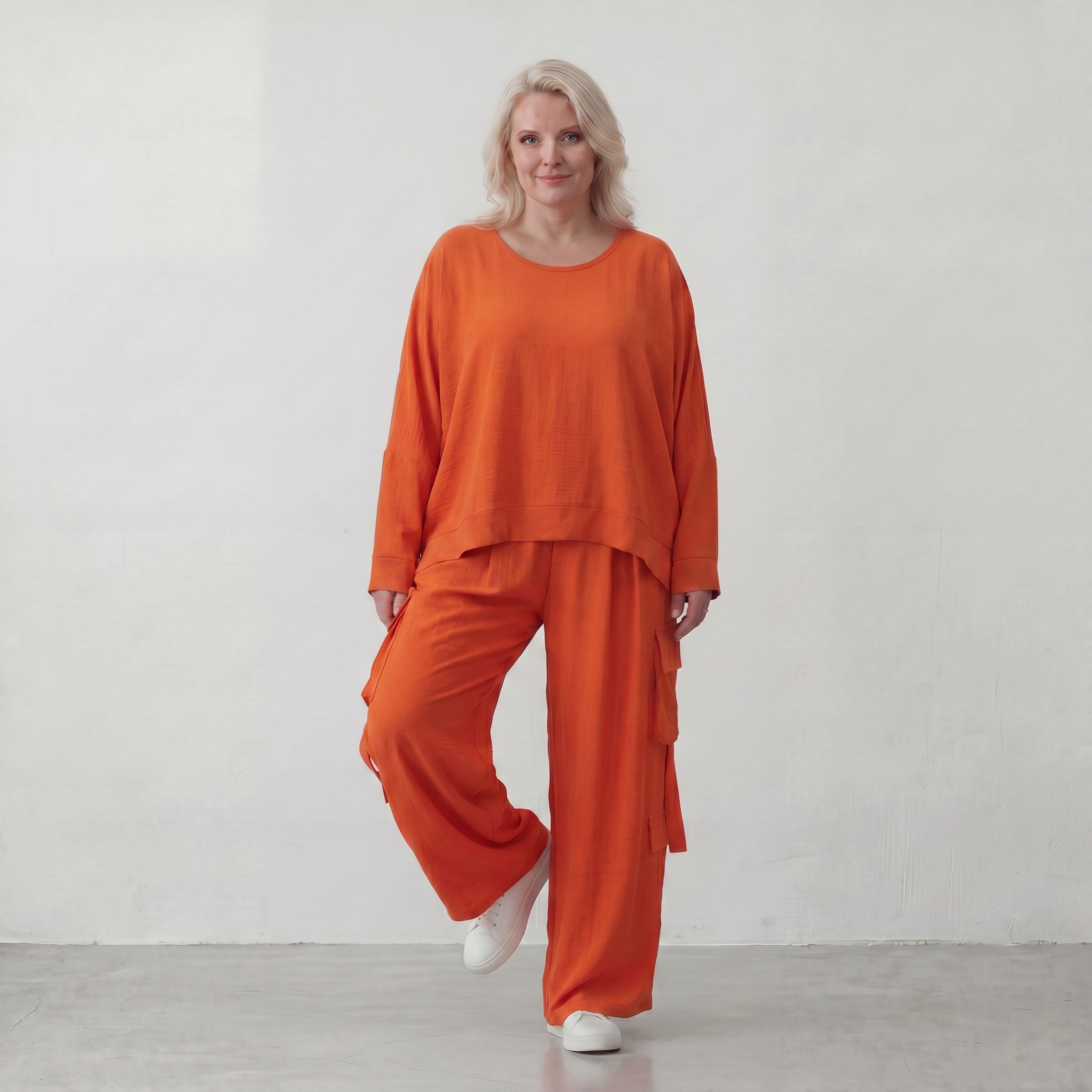 Ballonhose Hellrot fliessend im Lagenlook locker Oversize mit Leinenoptik Crashstruktur