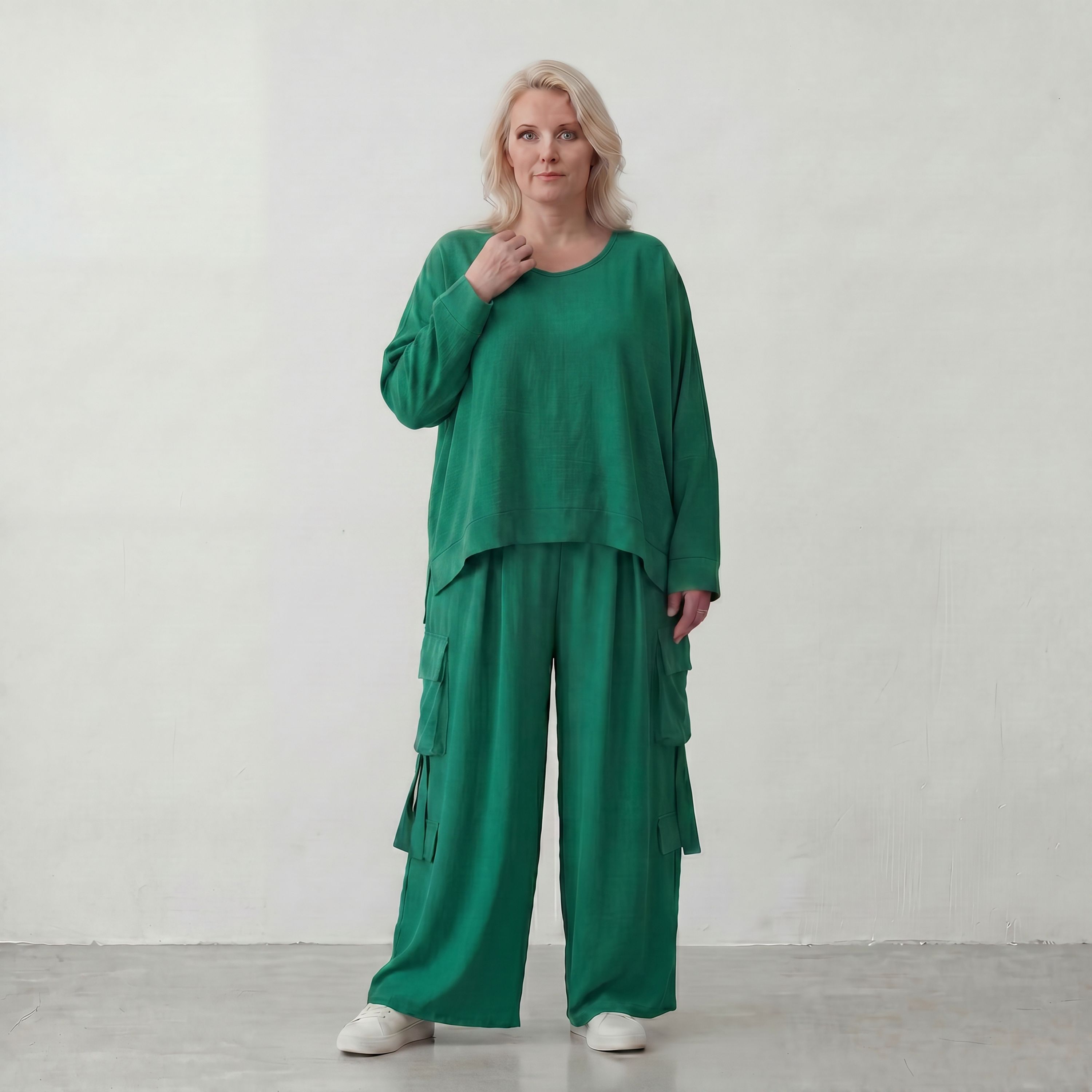 Ausgefallene Ballonhose Smaragdgrün im legeren Lagenlook Oversize leicht und zeitlos
