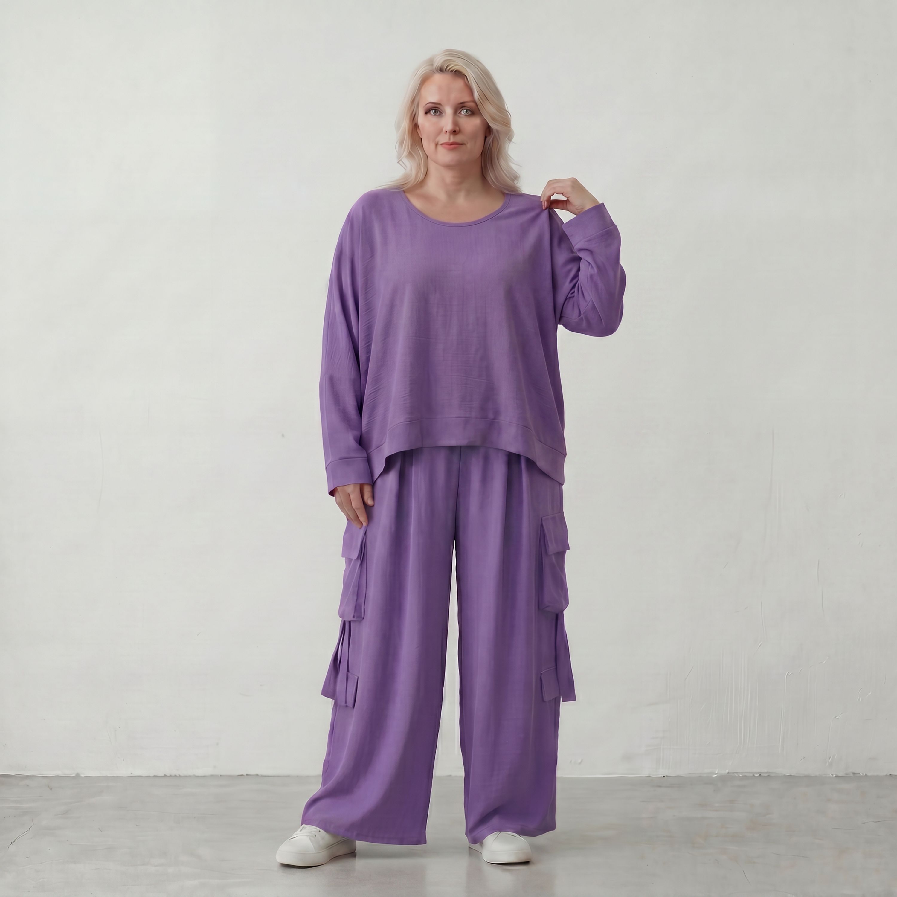 Flieder Ballonhose im Lagenlook Oversize leger zeitlos mit Leinenmix Knitteroptik leicht