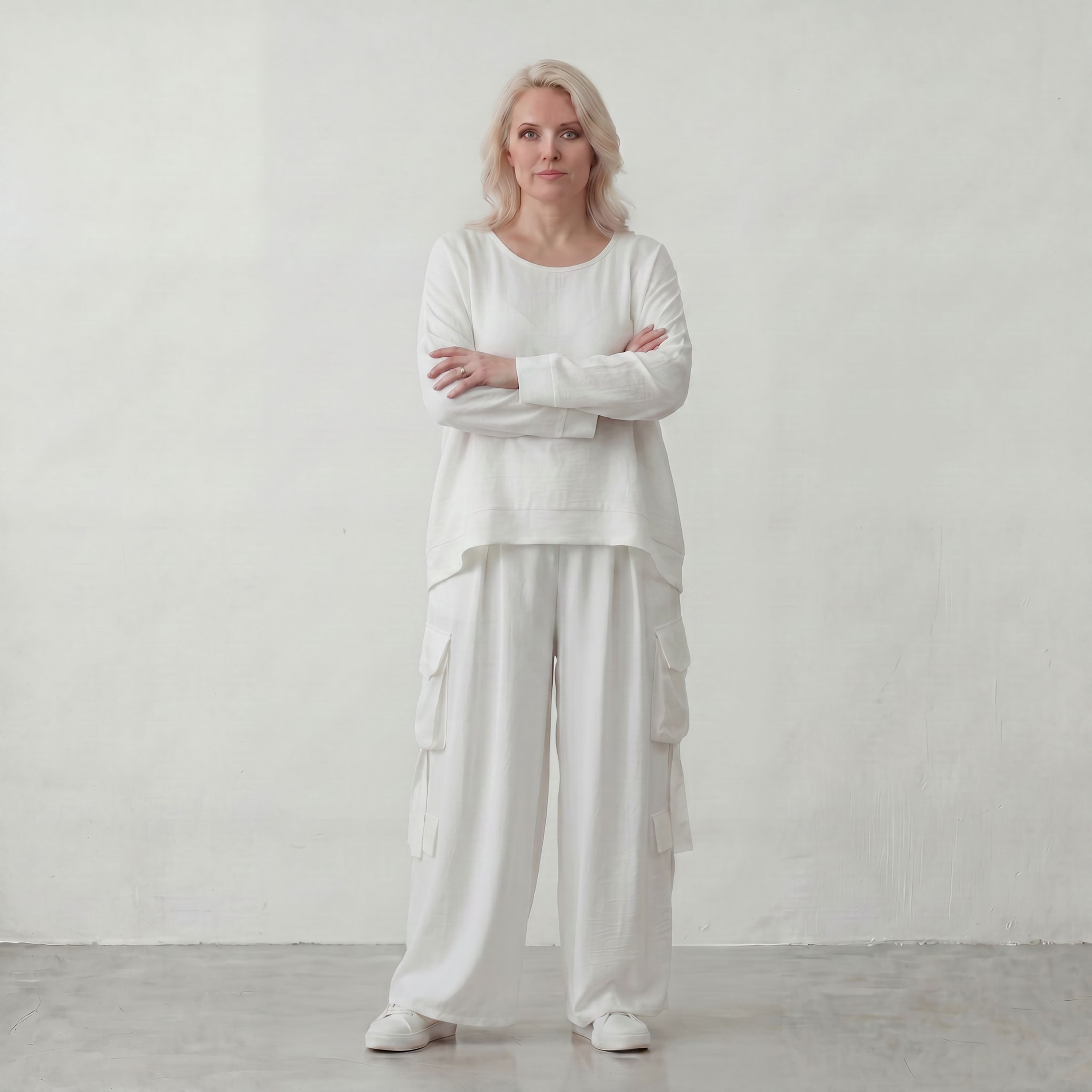 Weißer Oversize Lagenlook Überwurf in Leinenoptik leger ausgefallen zeitlos luftig fein