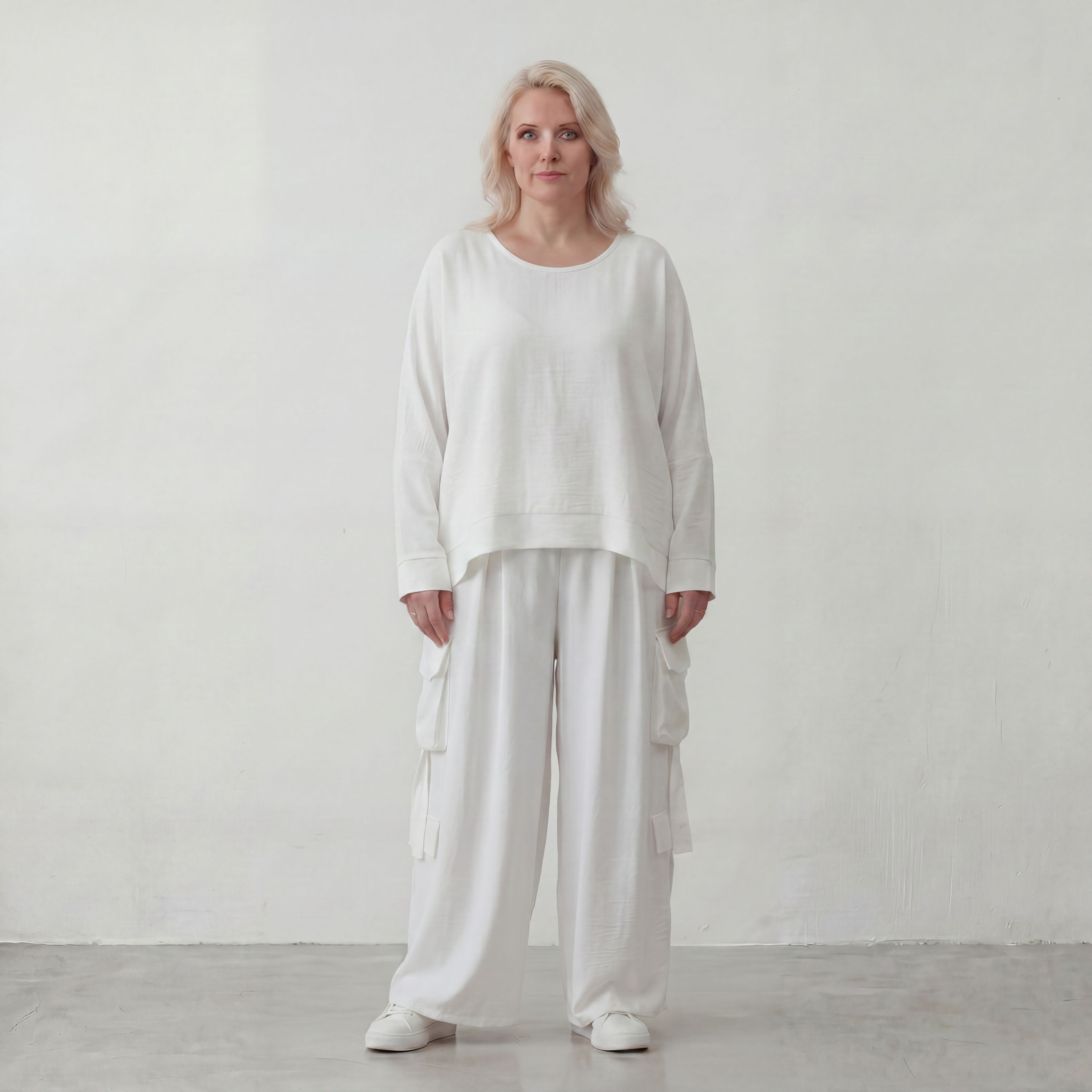 Weißer Oversize Lagenlook Überwurf in Leinenoptik leger ausgefallen zeitlos luftig fein