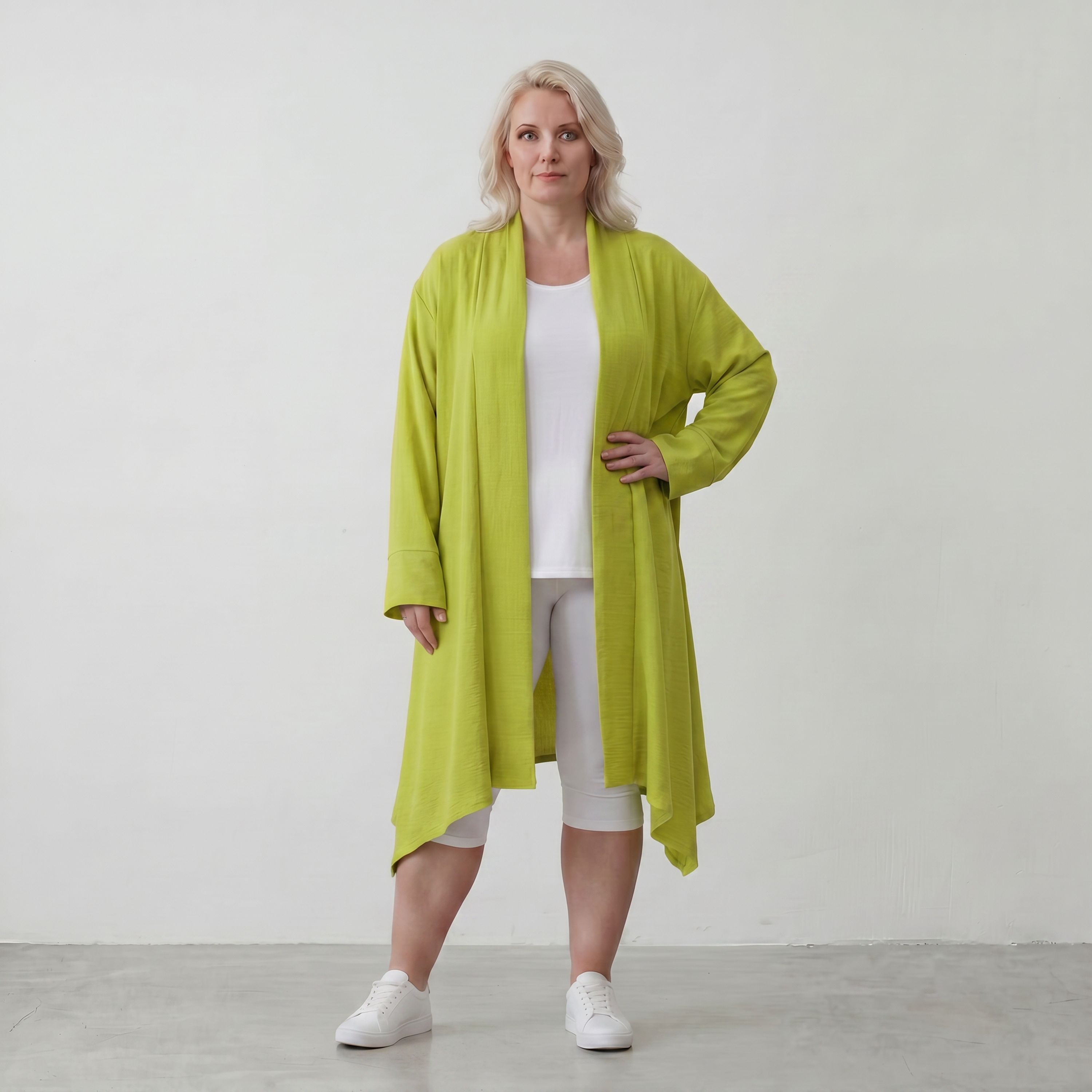 Apfelgrün fliessender Longcardigan im Lagenlook Oversize leger zeitlos luftig Leinenoptik