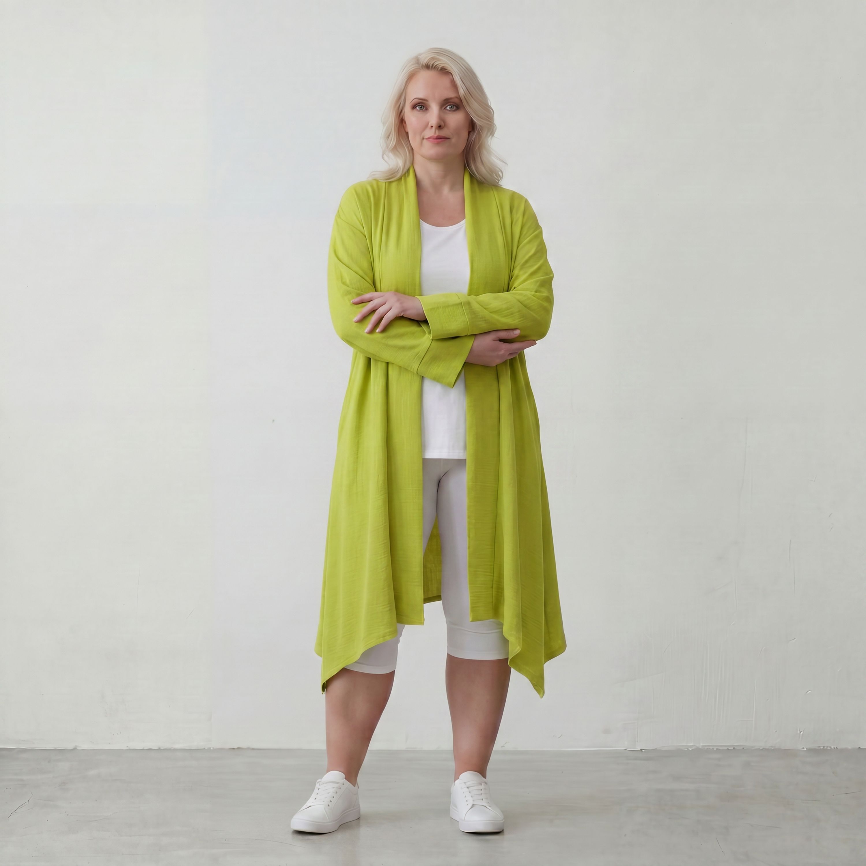Apfelgrün fliessender Longcardigan im Lagenlook Oversize leger zeitlos luftig Leinenoptik