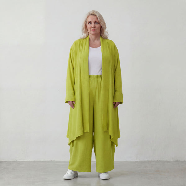 Apfelgrün fliessender Longcardigan im Lagenlook Oversize leger zeitlos luftig Leinenoptik
