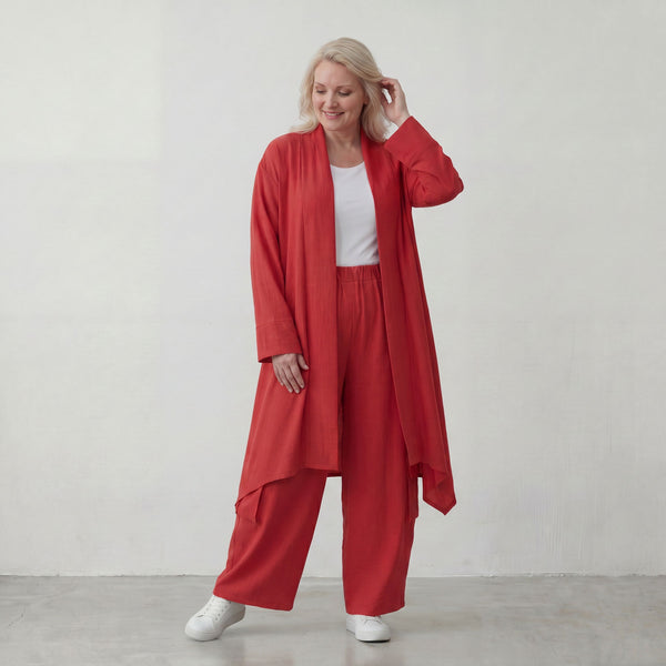 Fuchsia Leinen Cardigan im Lagenlook Oversize leger ausgefallen mit Zipfelsaum luftig 88
