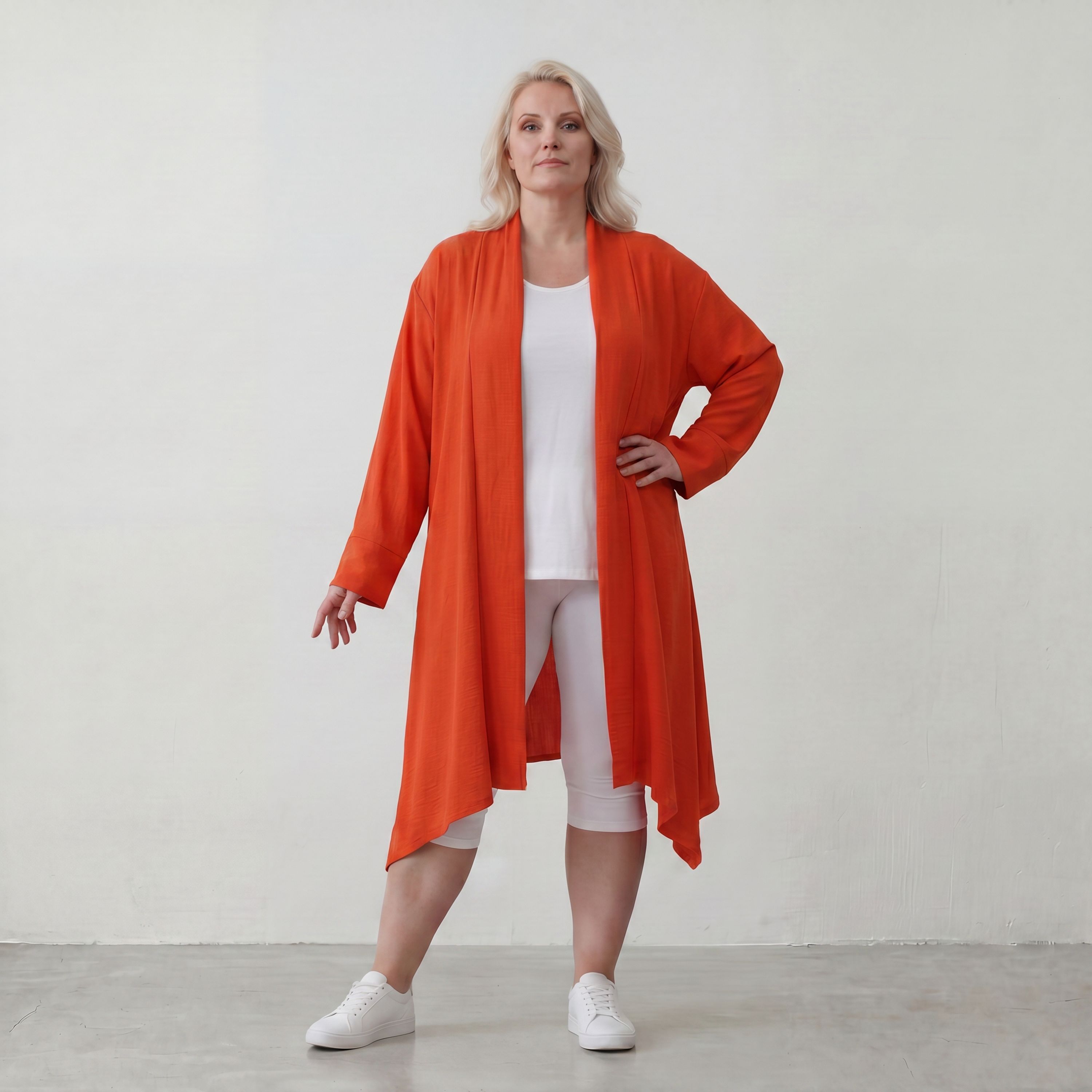 Leichter Oversize Cardigan in Hellrot fliessend mit Leinenoptik Lagenlook luftig zeitlos