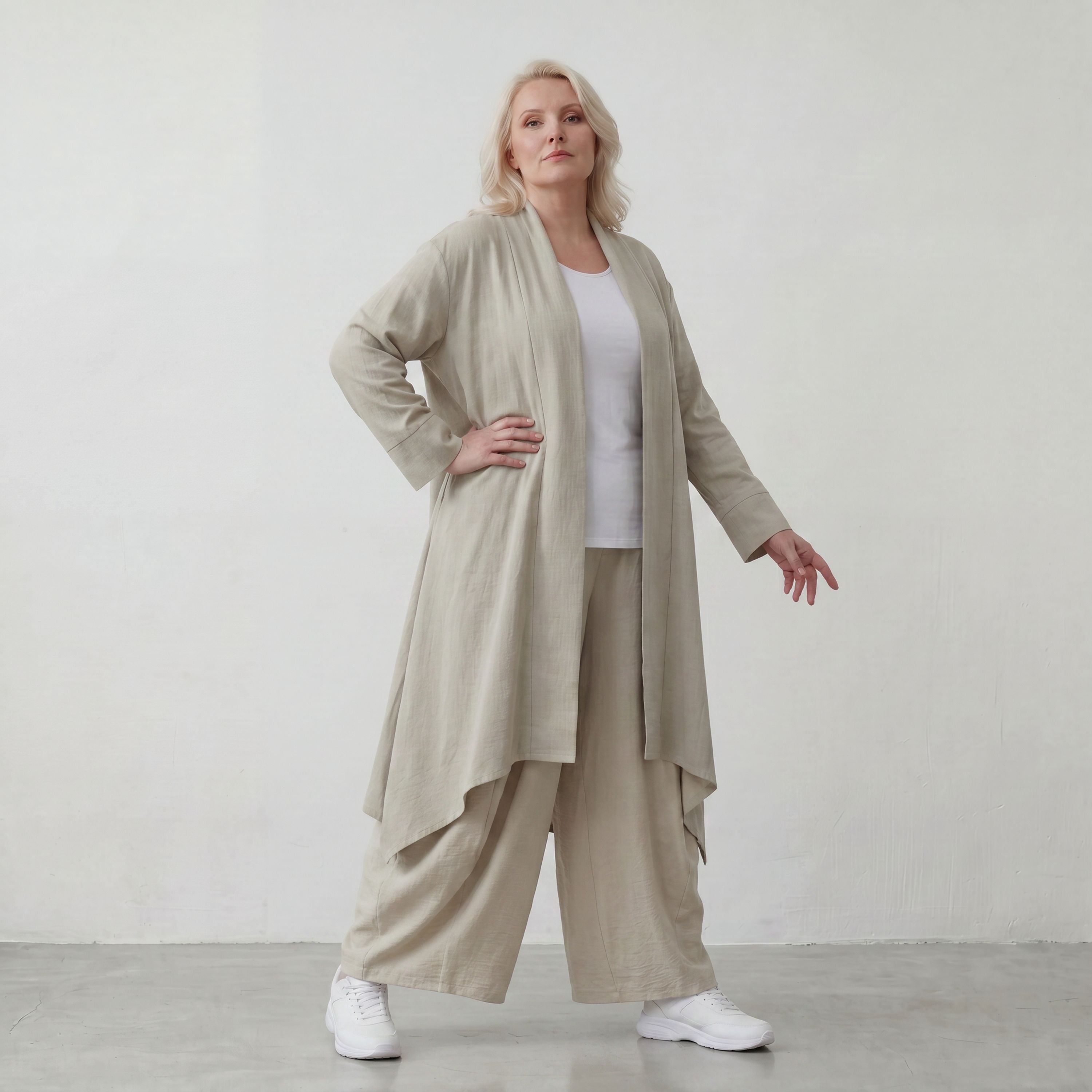 Zeitloser Beige Cardigan Lagenlook Oversize leger ausgefallen mit Leinenoptik Schalkragen