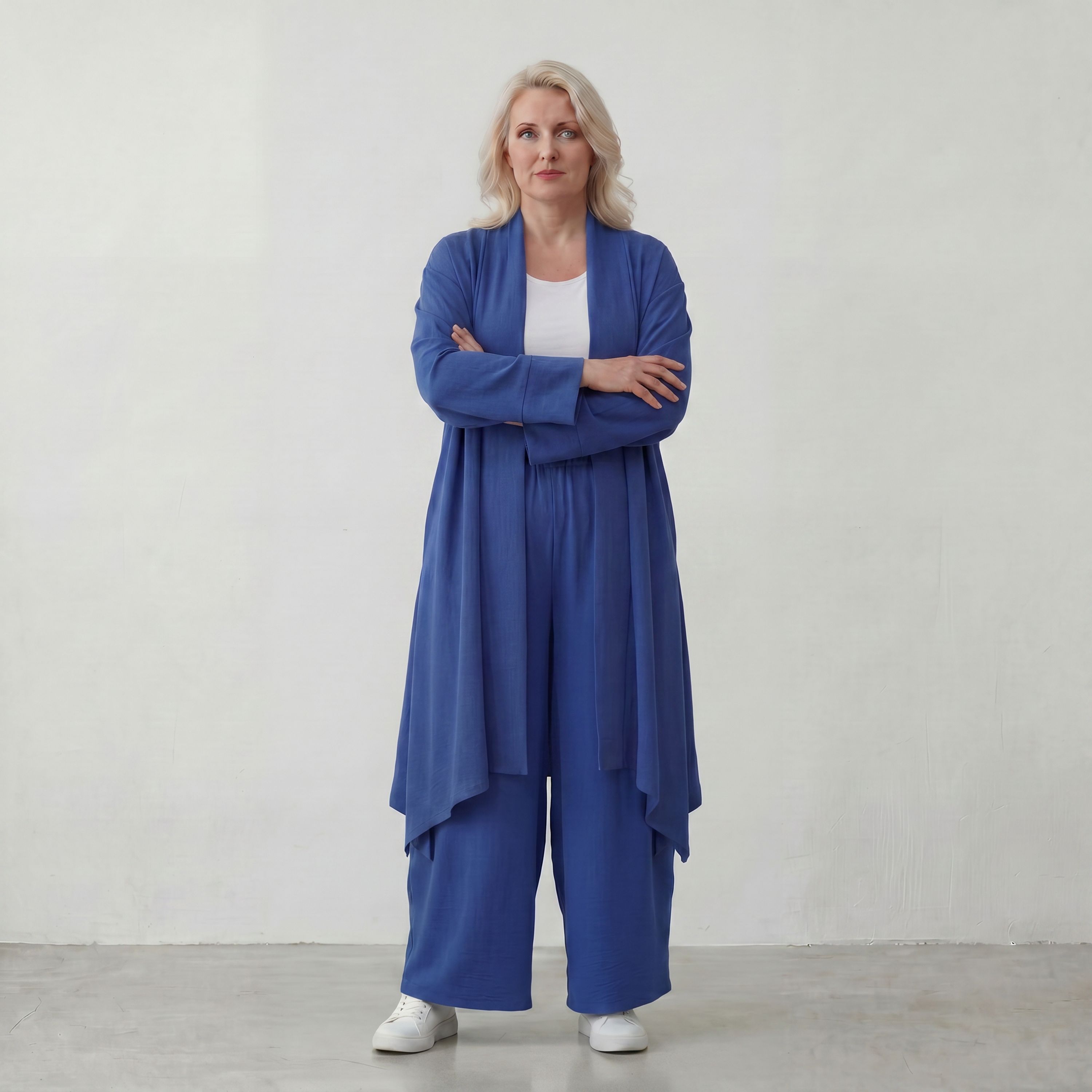 Fliessend geschnittener Cardigan Royalblau Leinenoptik Oversize Lagenlook luftig zeitlos