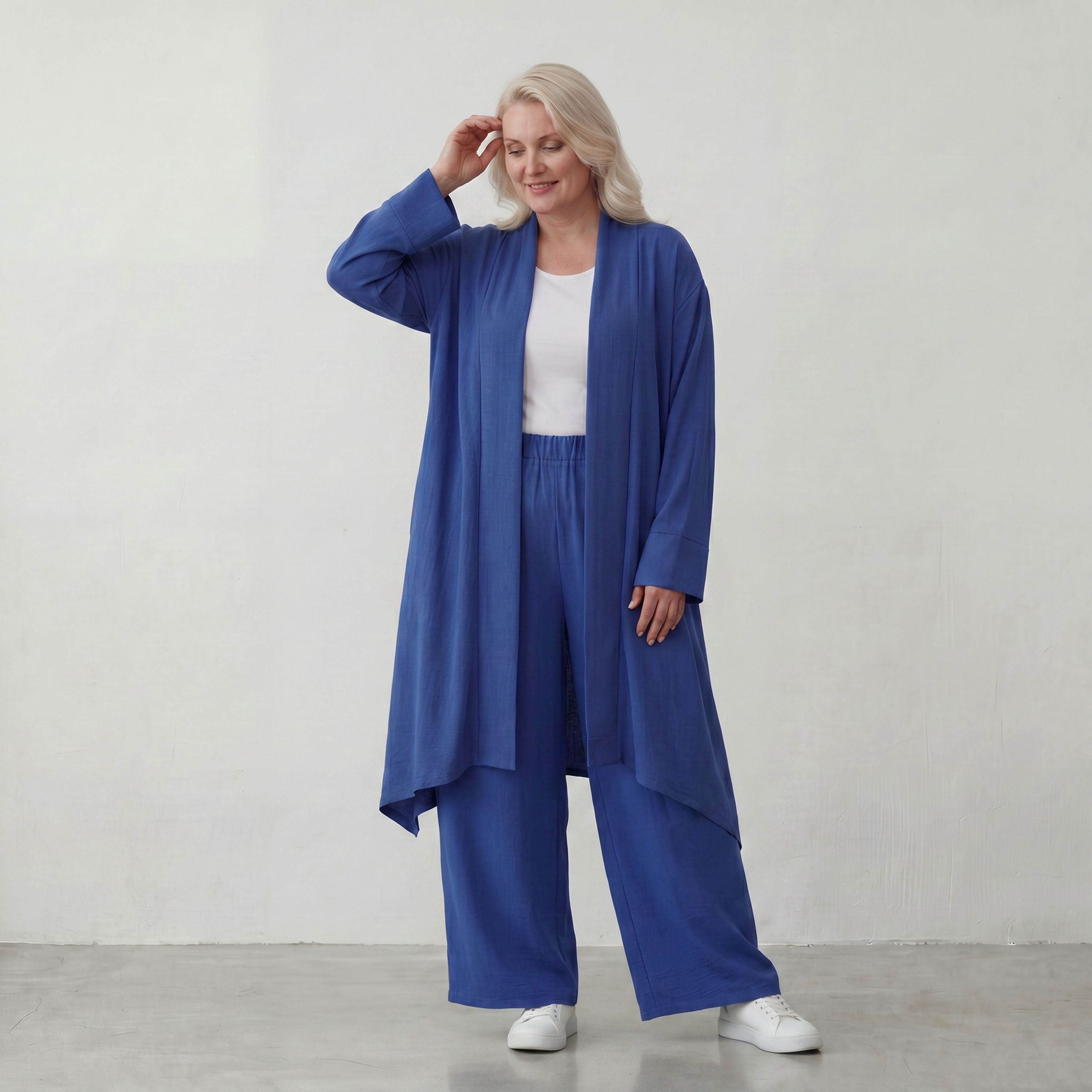 Fliessend geschnittener Cardigan Royalblau Leinenoptik Oversize Lagenlook luftig zeitlos