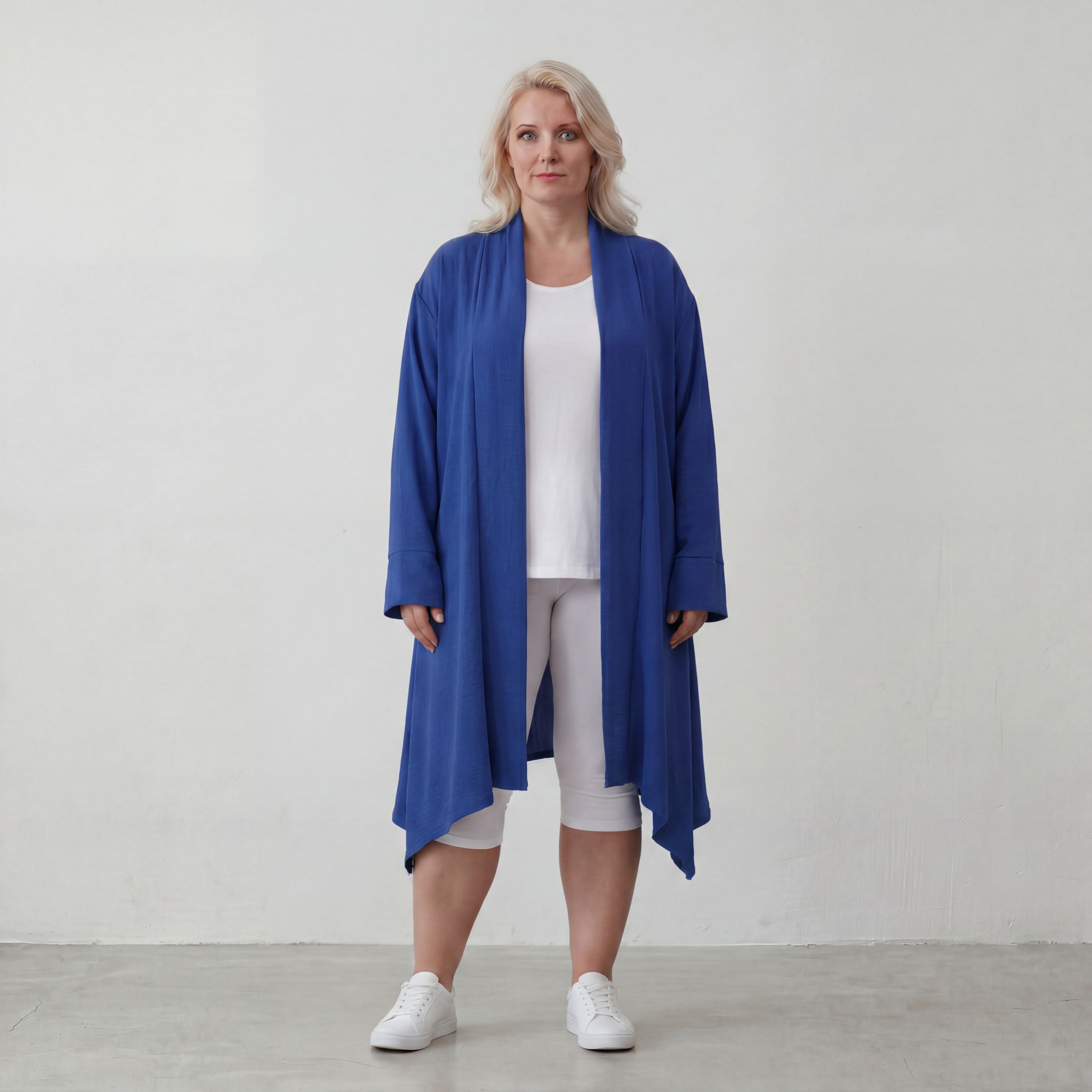 Fliessend geschnittener Cardigan Royalblau Leinenoptik Oversize Lagenlook luftig zeitlos
