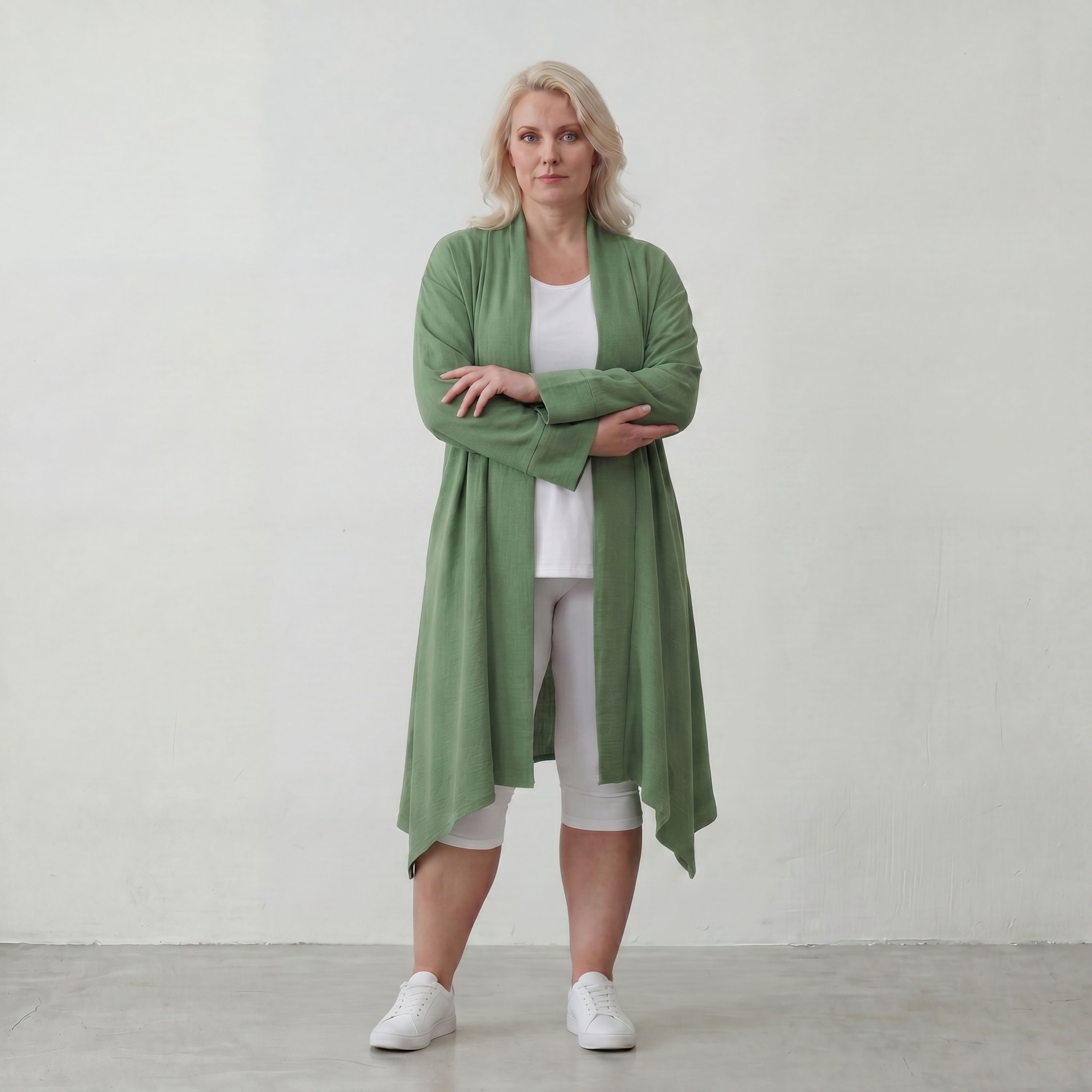 Fliessender Khaki Cardigan im Lagenlook leger Oversize mit angenehmem Leinenfeeling chic