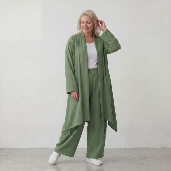 Fliessender Khaki Cardigan im Lagenlook leger Oversize mit angenehmem Leinenfeeling chic