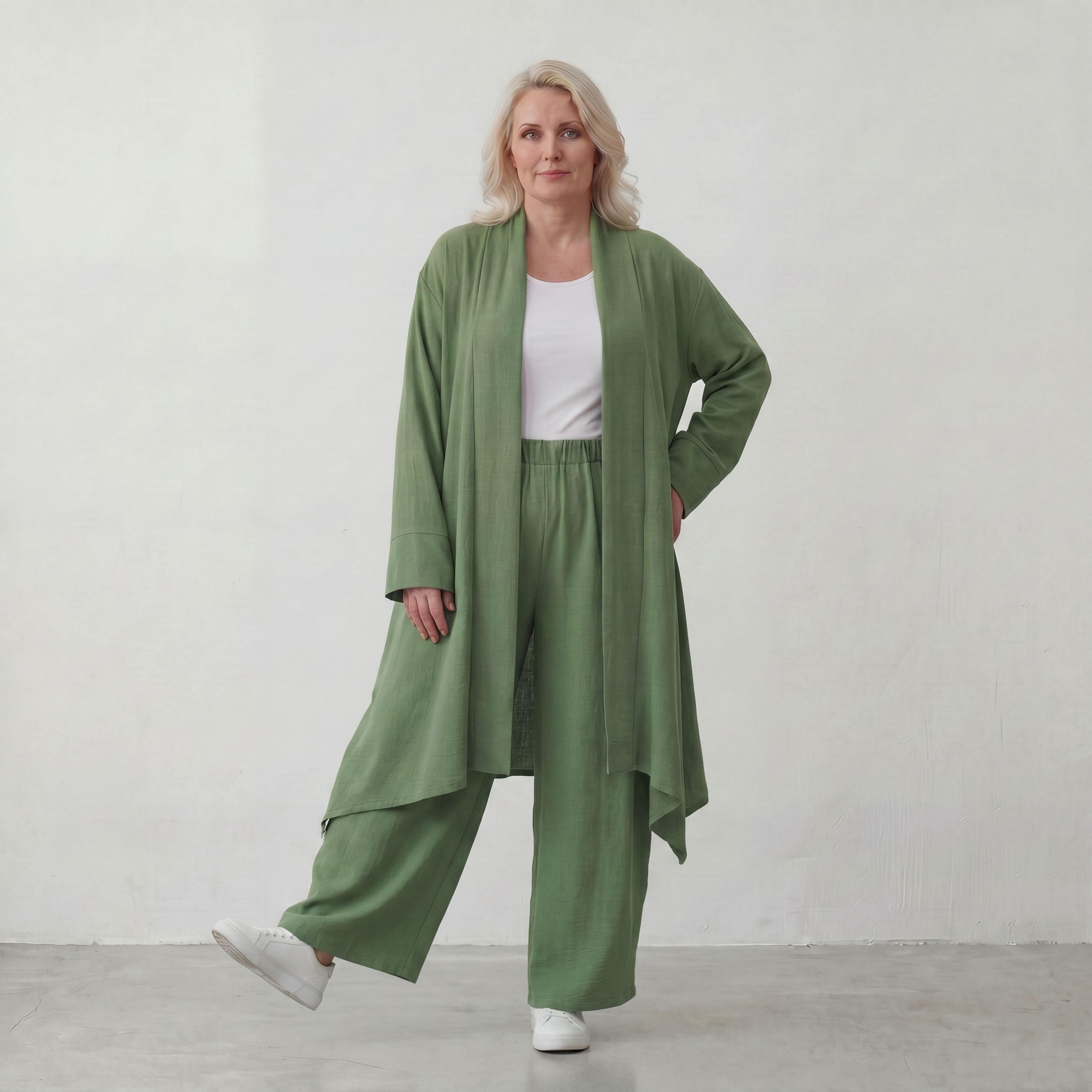 Fliessender Khaki Cardigan im Lagenlook leger Oversize mit angenehmem Leinenfeeling chic