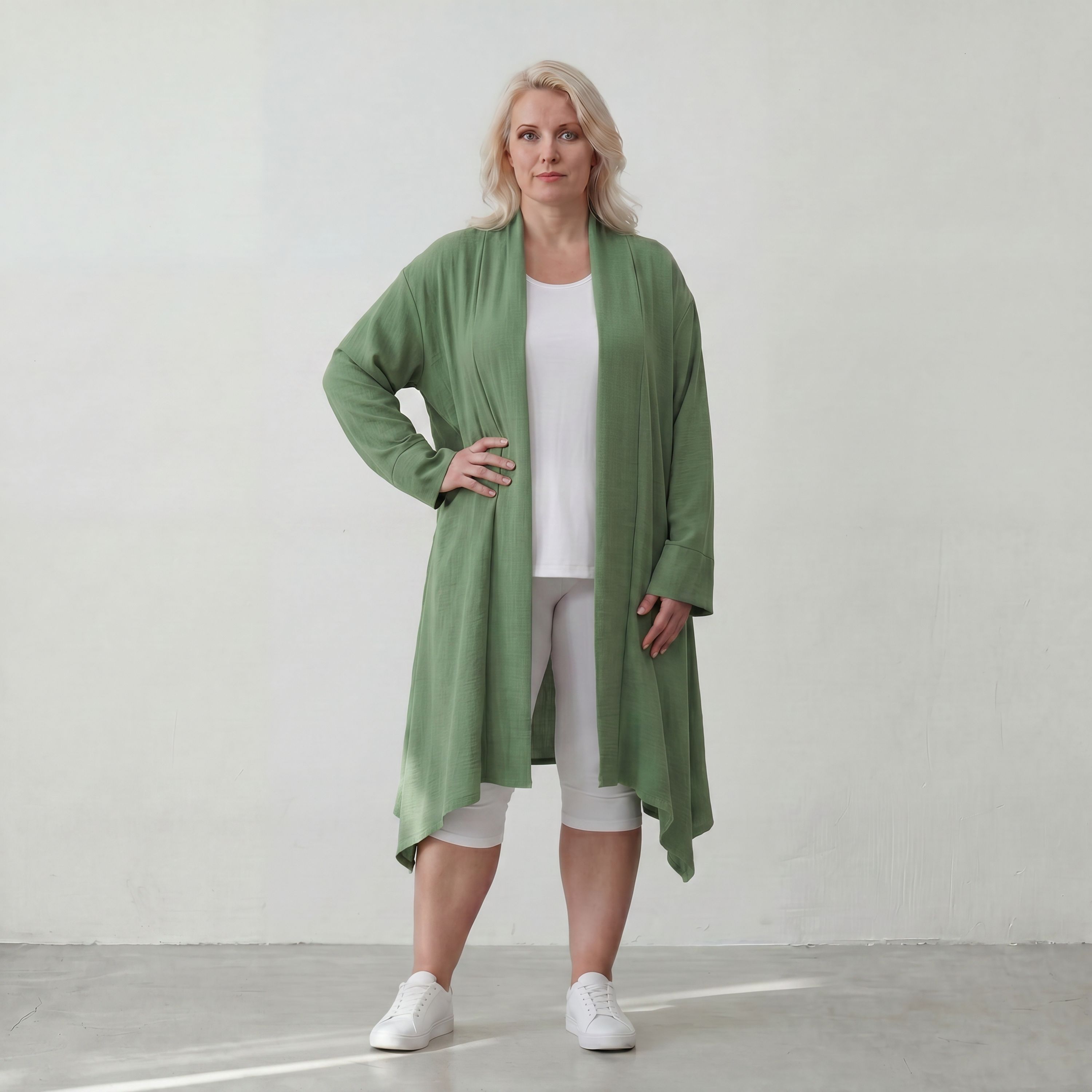 Fliessender Khaki Cardigan im Lagenlook leger Oversize mit angenehmem Leinenfeeling chic