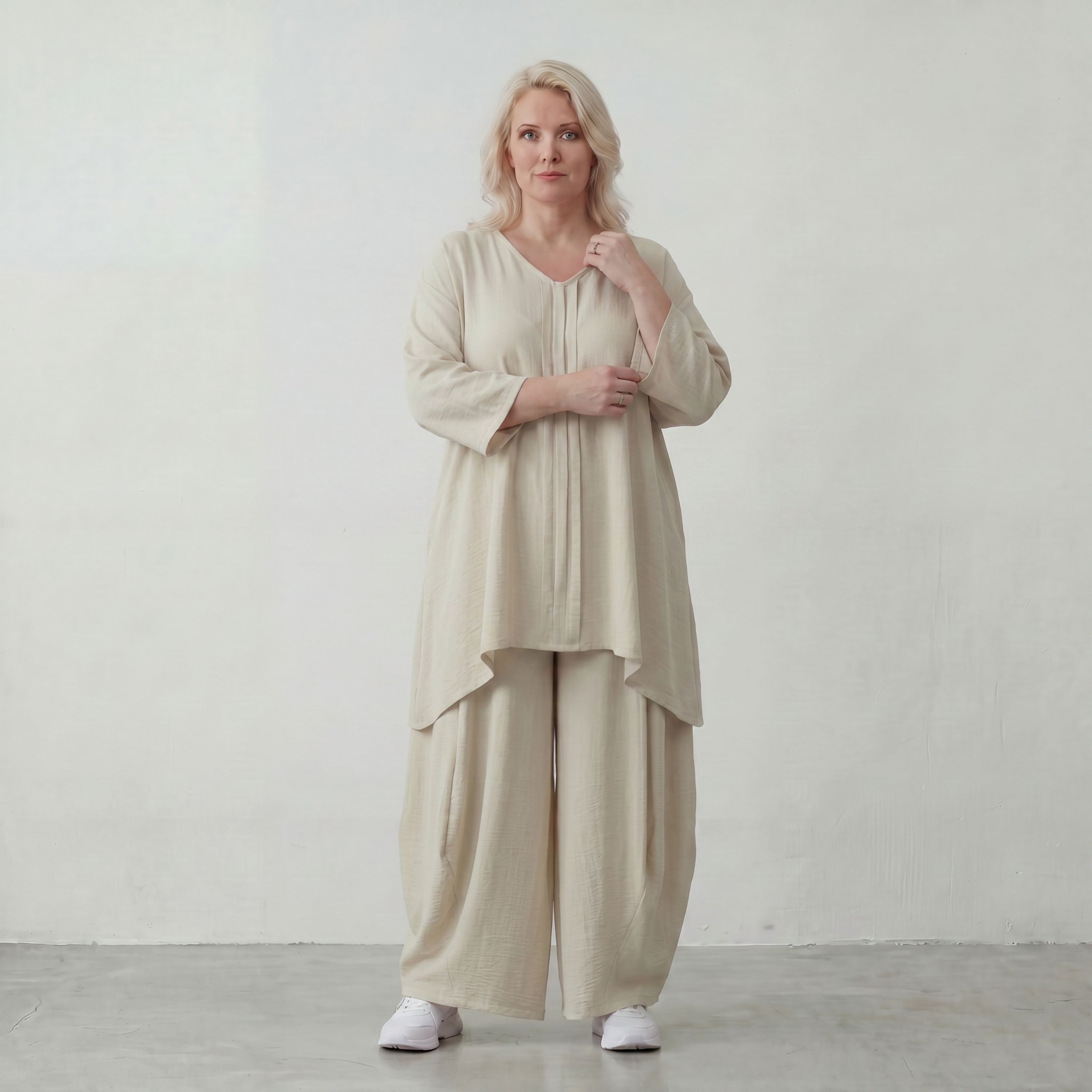 Beige Leinenlook Shirt im legeren Lagenlook Oversize A Linie zeitlos elegant fliessend