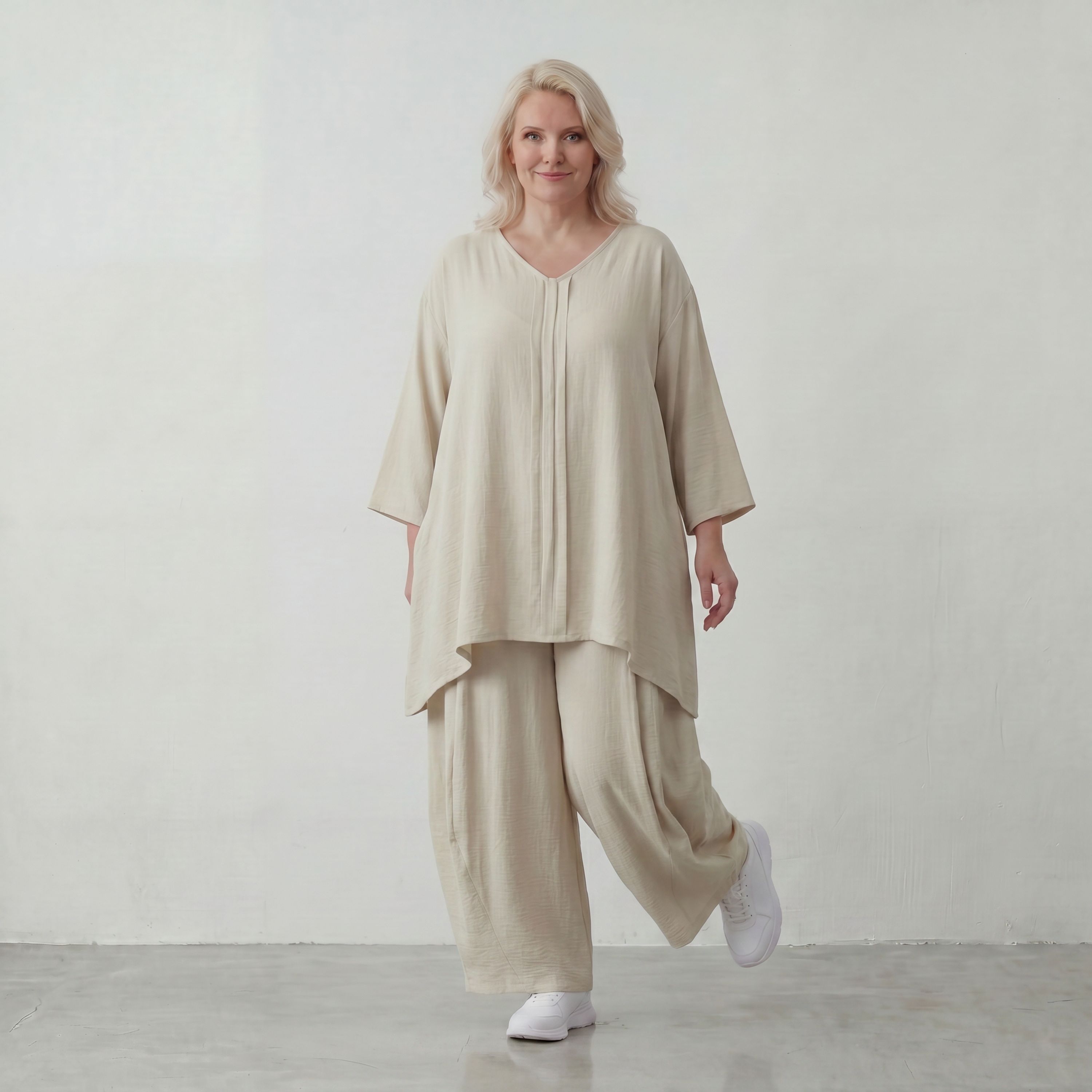 Beige Leinenlook Shirt im legeren Lagenlook Oversize A Linie zeitlos elegant fliessend