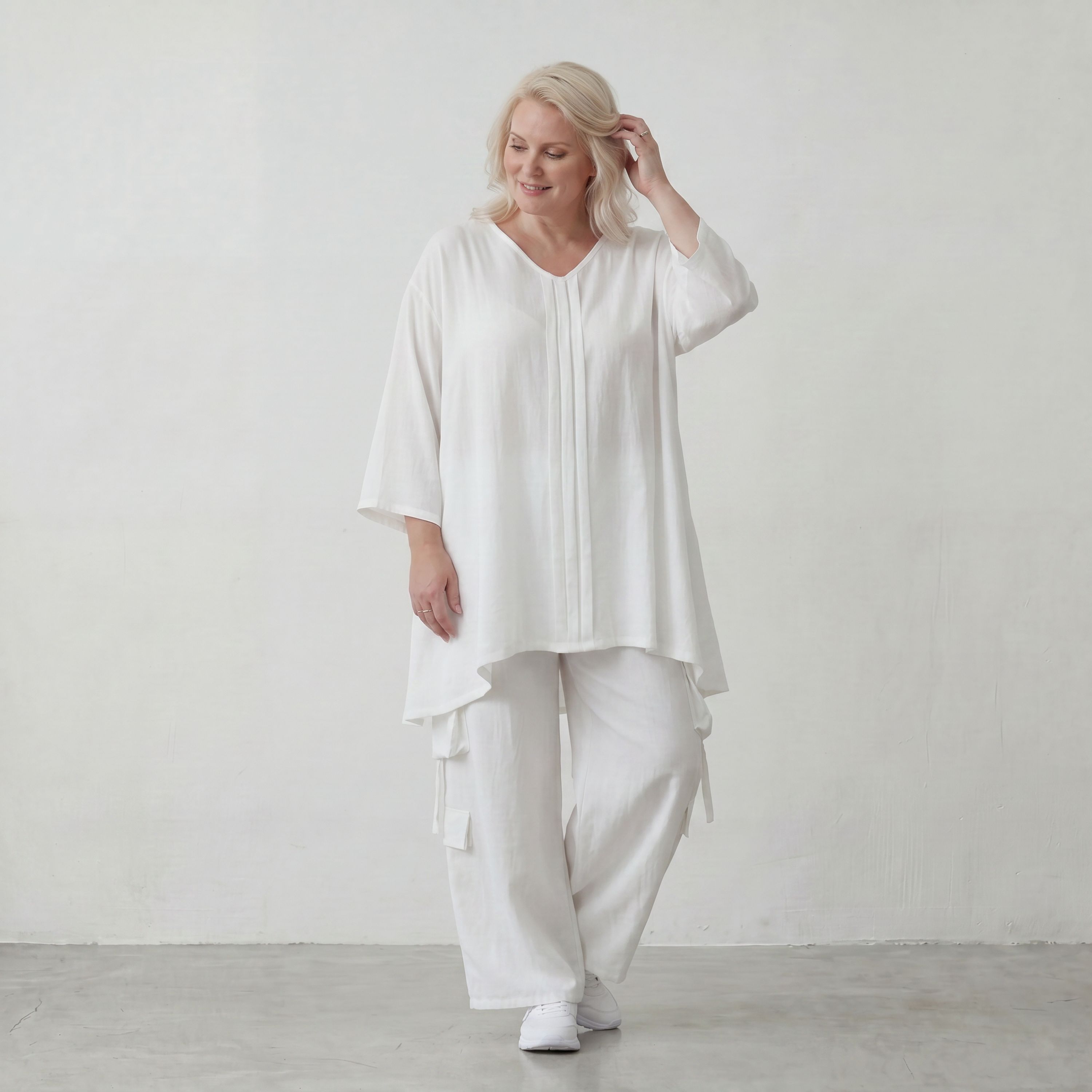 Zeitloses Weißes Leinenlook Shirt in A Linie leger Oversize Lagenlook federleicht luftig