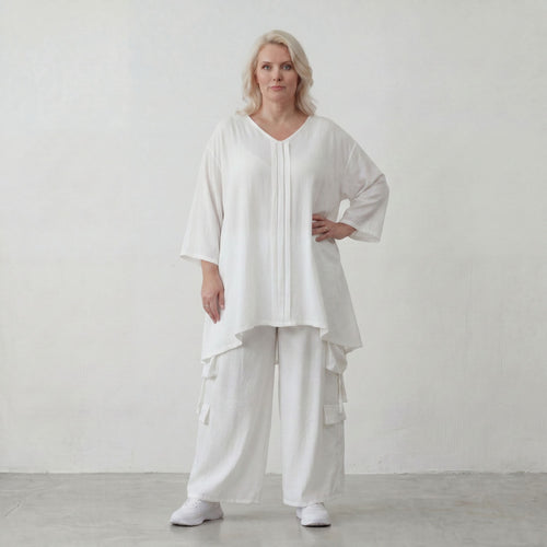 Zeitloses Weißes Leinenlook Shirt in A Linie leger Oversize Lagenlook federleicht luftig
