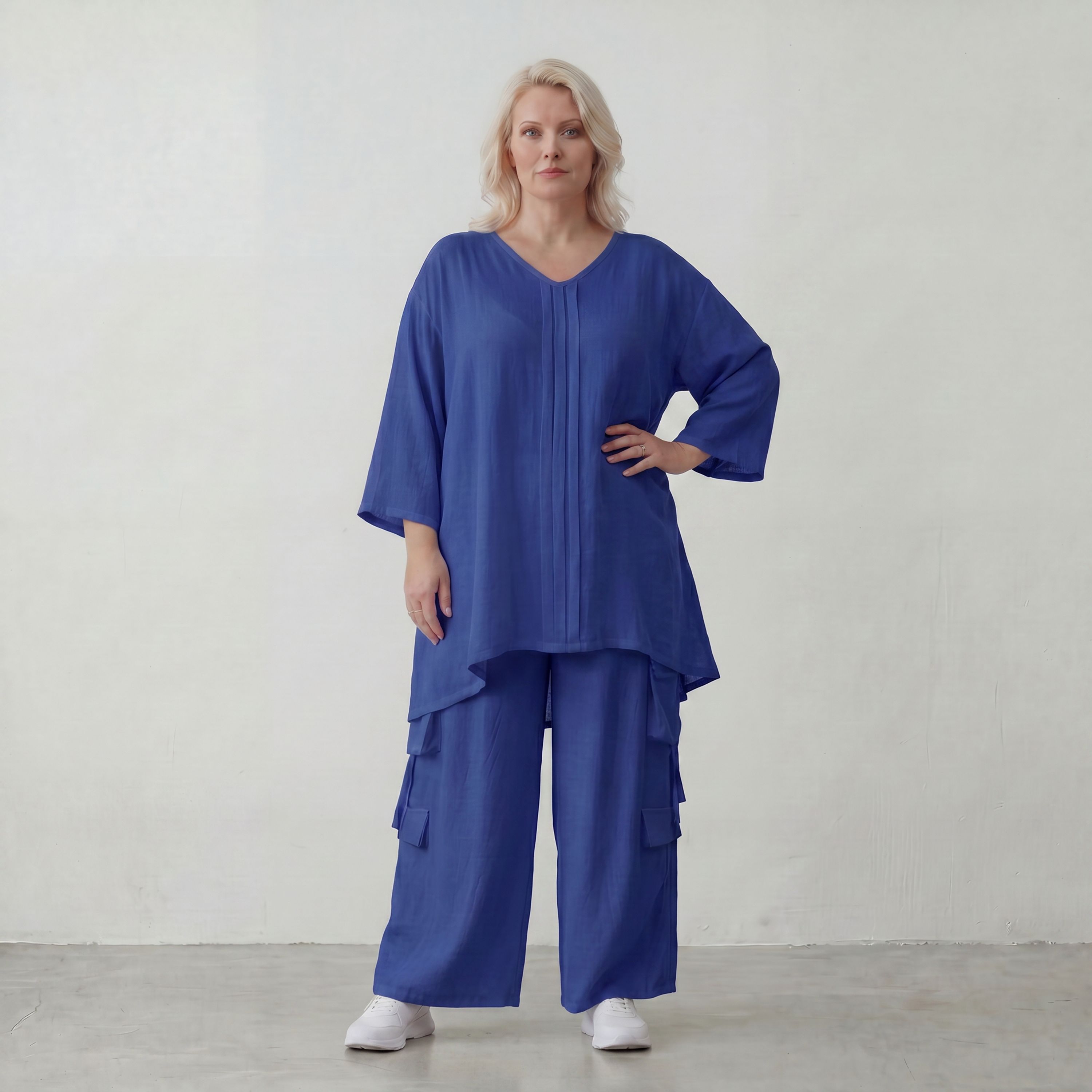 Royalblaues Leinenlookshirt sommerlichen Lagenlook Oversize mit V Ausschnitt und A Linie