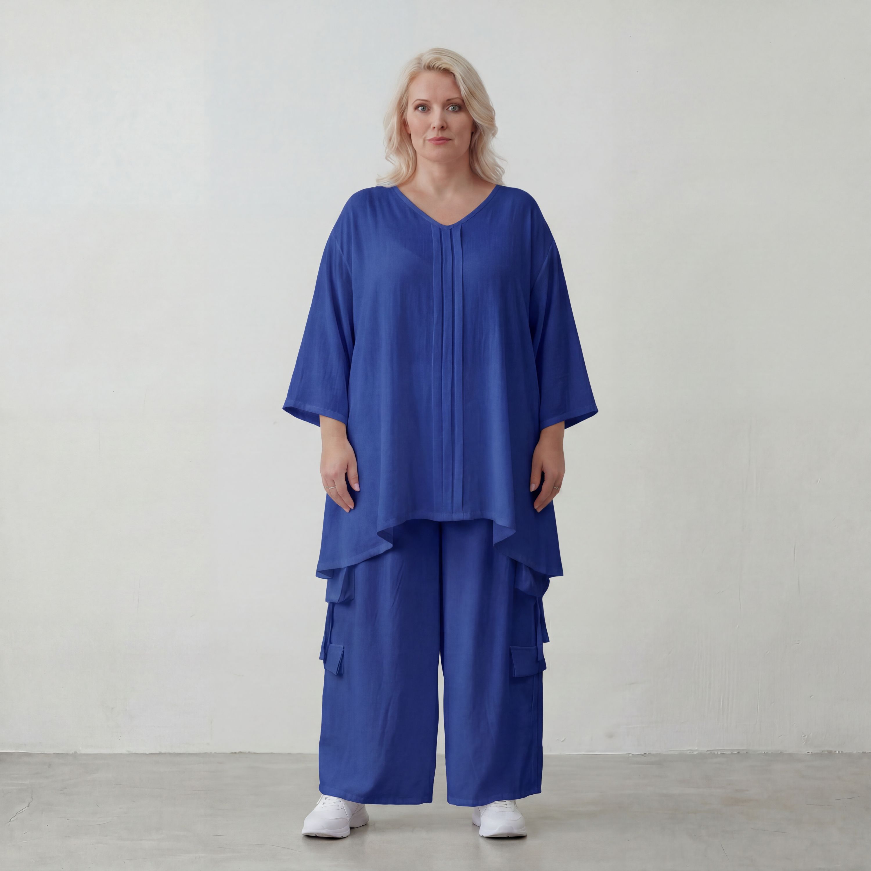 Royalblaues Leinenlookshirt sommerlichen Lagenlook Oversize mit V Ausschnitt und A Linie