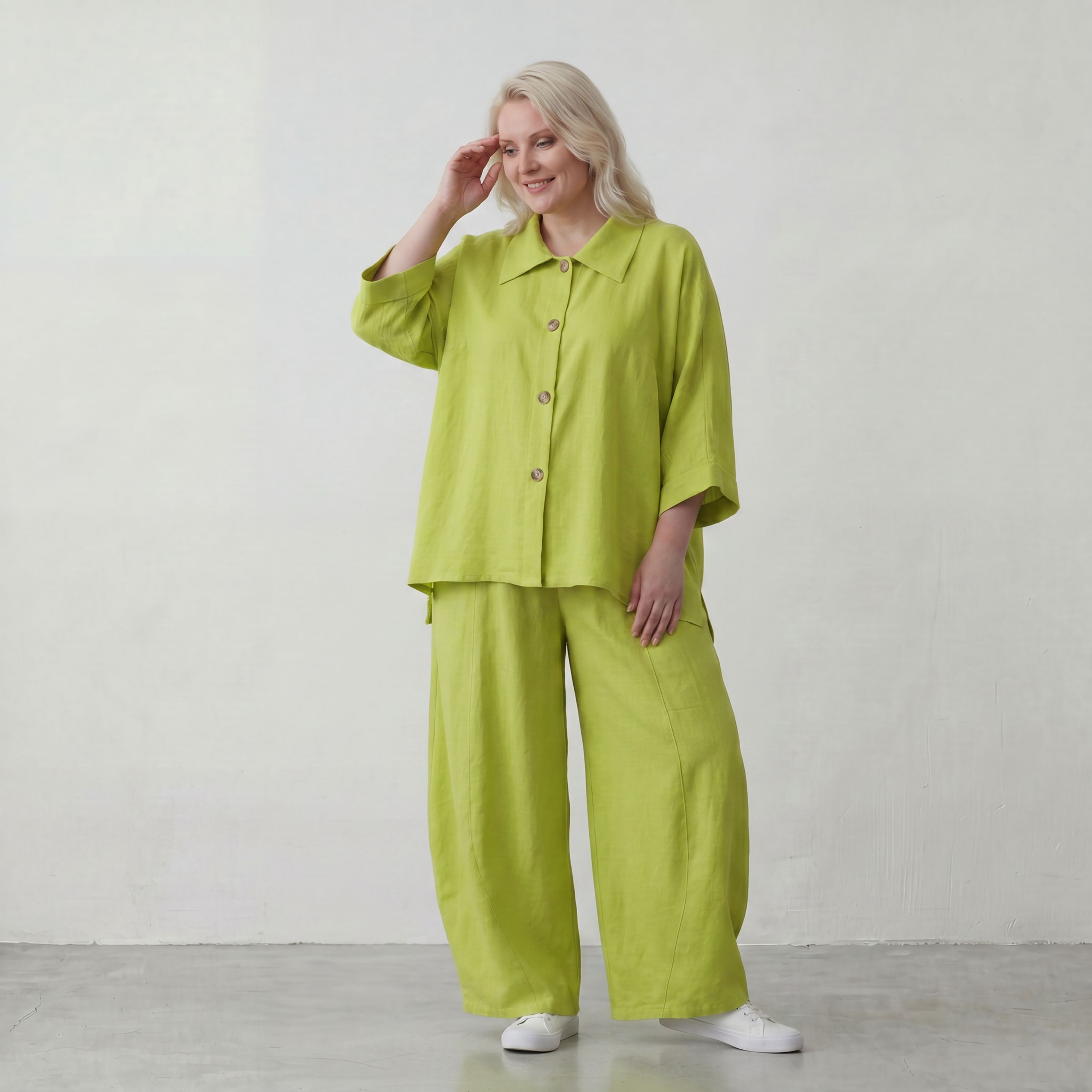 Apfelgrün Oversize Bluse im Lagenlook leger ausgefallen mit Leinen Baumwolle Gefühl cool