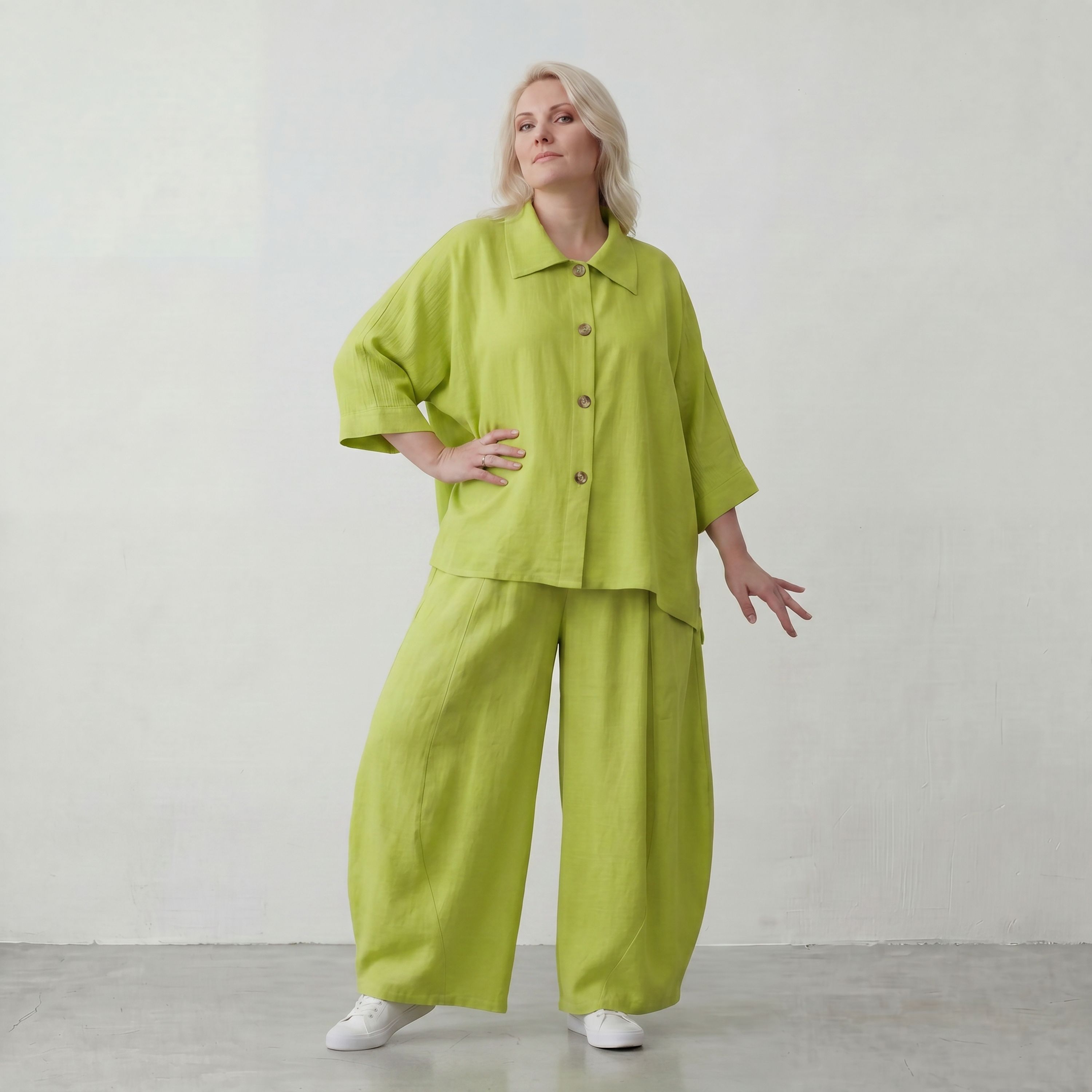 Apfelgrün Oversize Bluse im Lagenlook leger ausgefallen mit Leinen Baumwolle Gefühl cool