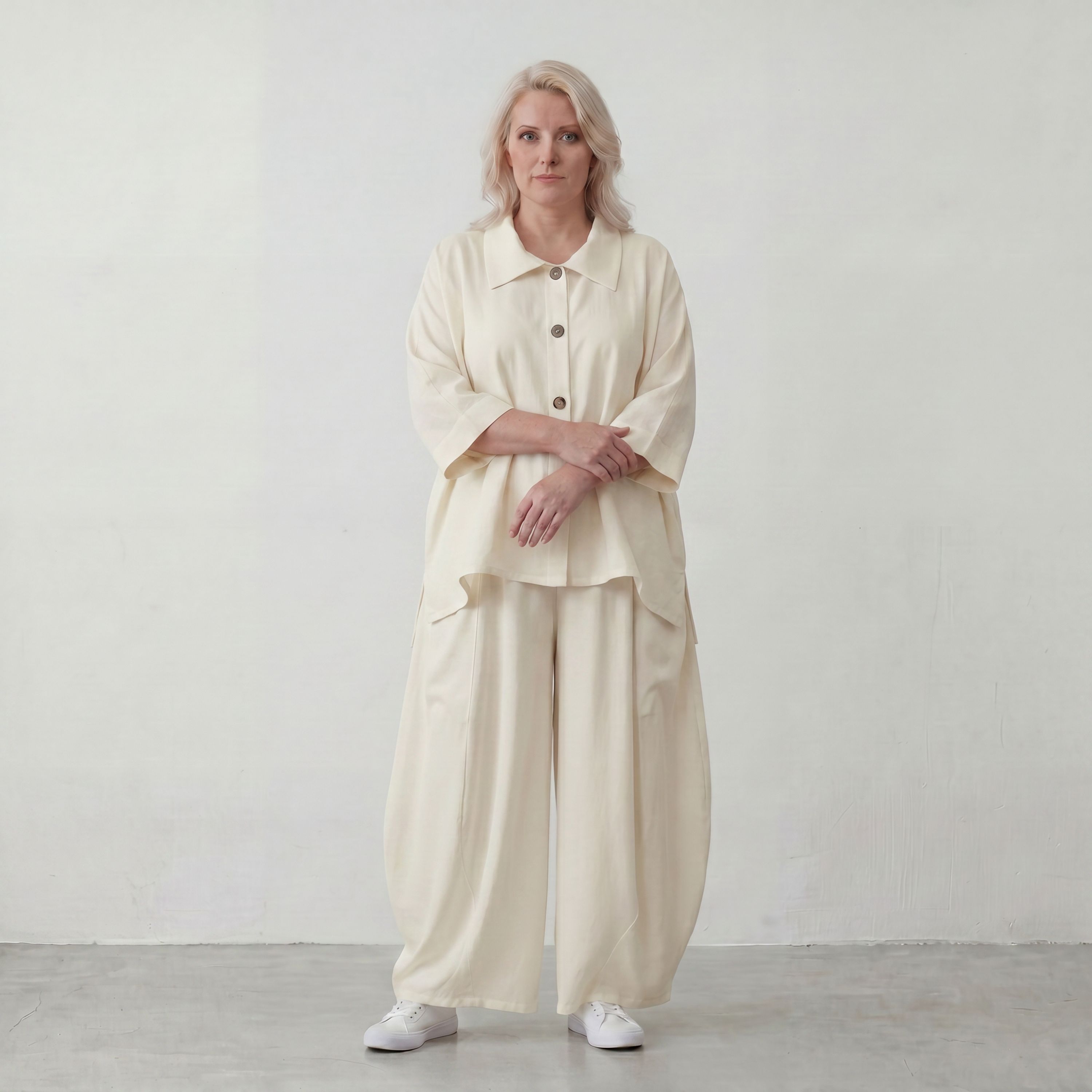 Creme fliessend Leinenoptik Bluse im Lagenlook leger Oversize zeitlos Crasheffekt weich