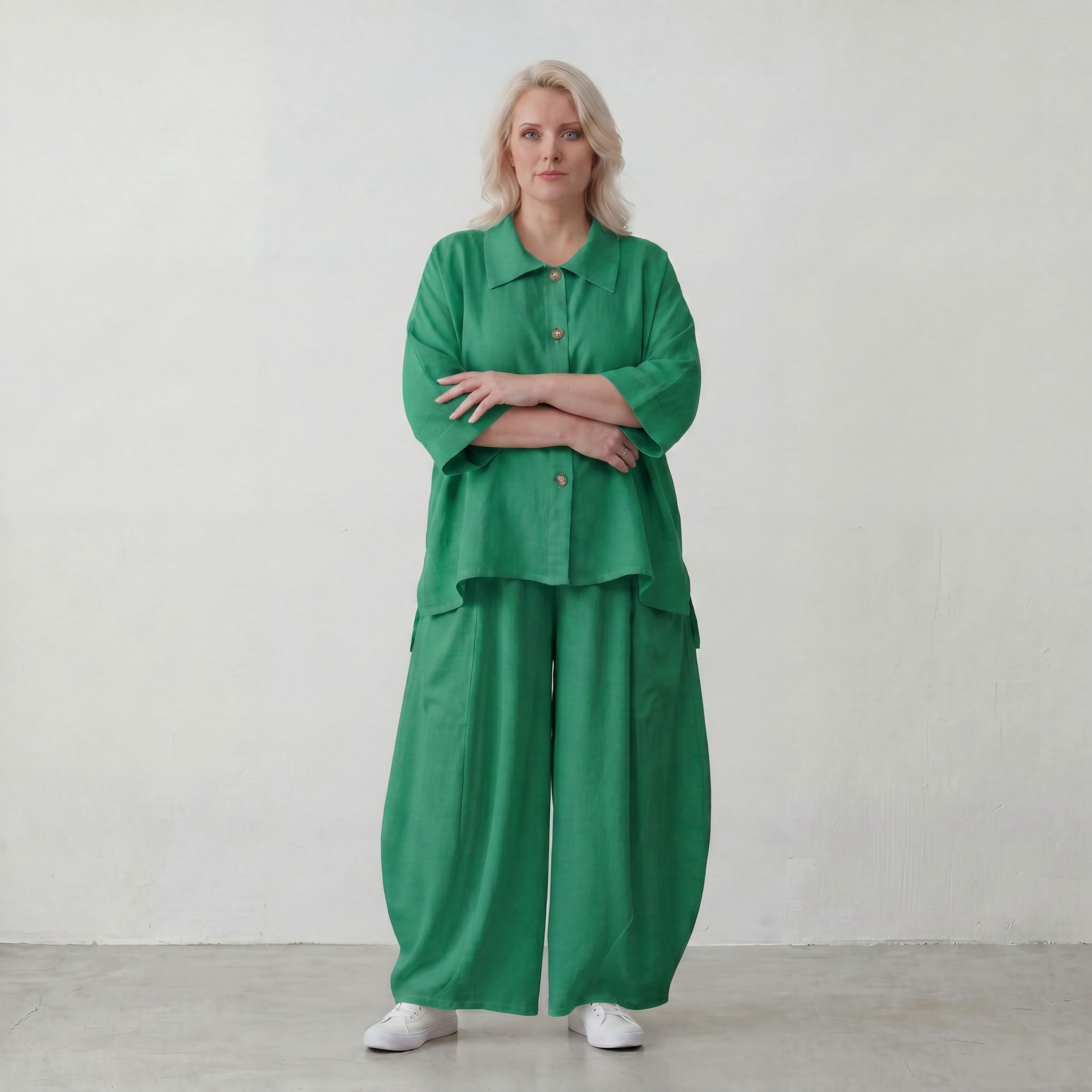 Smaragdgrün Ballonhose leger Oversize Lagenlook mit weitem Bein und leichter Leinenoptik