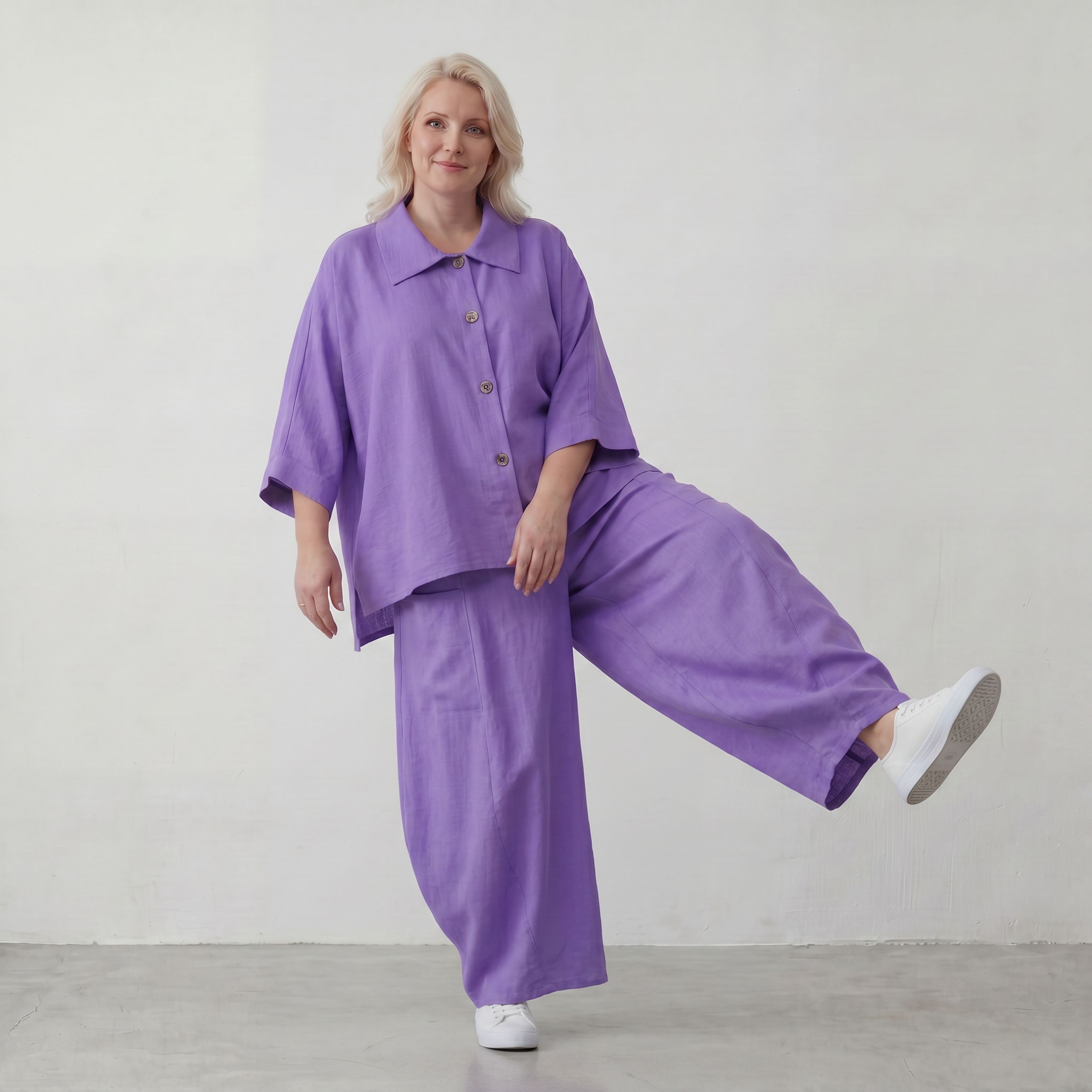 Flieder Oversize Leinenbluse Lagenlook locker zeitlos mit kuehl leichtem Fall soft Griff