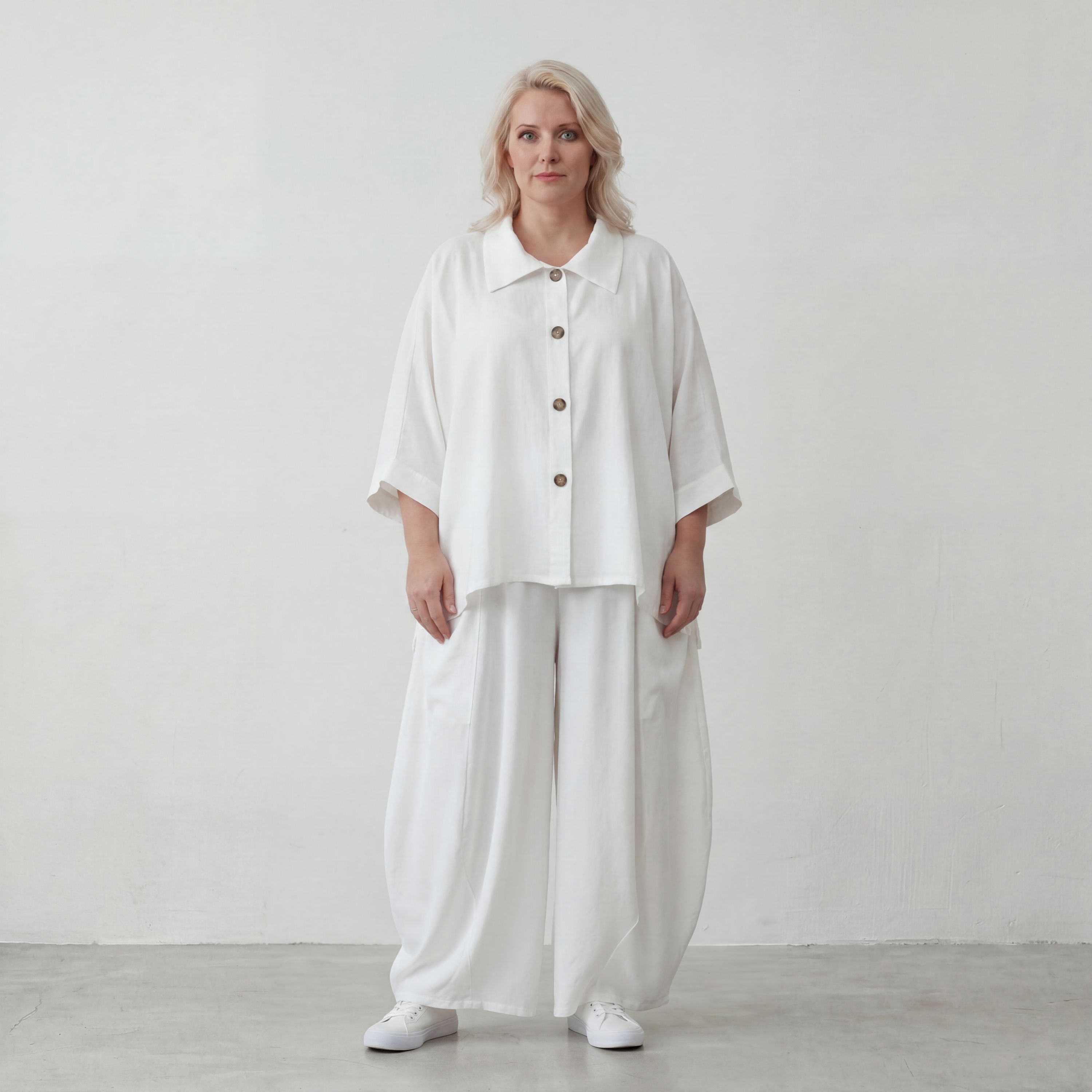 Zeitlose Weiß Leinenoptik Bluse im Oversize Lagenlook leger luftig weich modern stilvoll