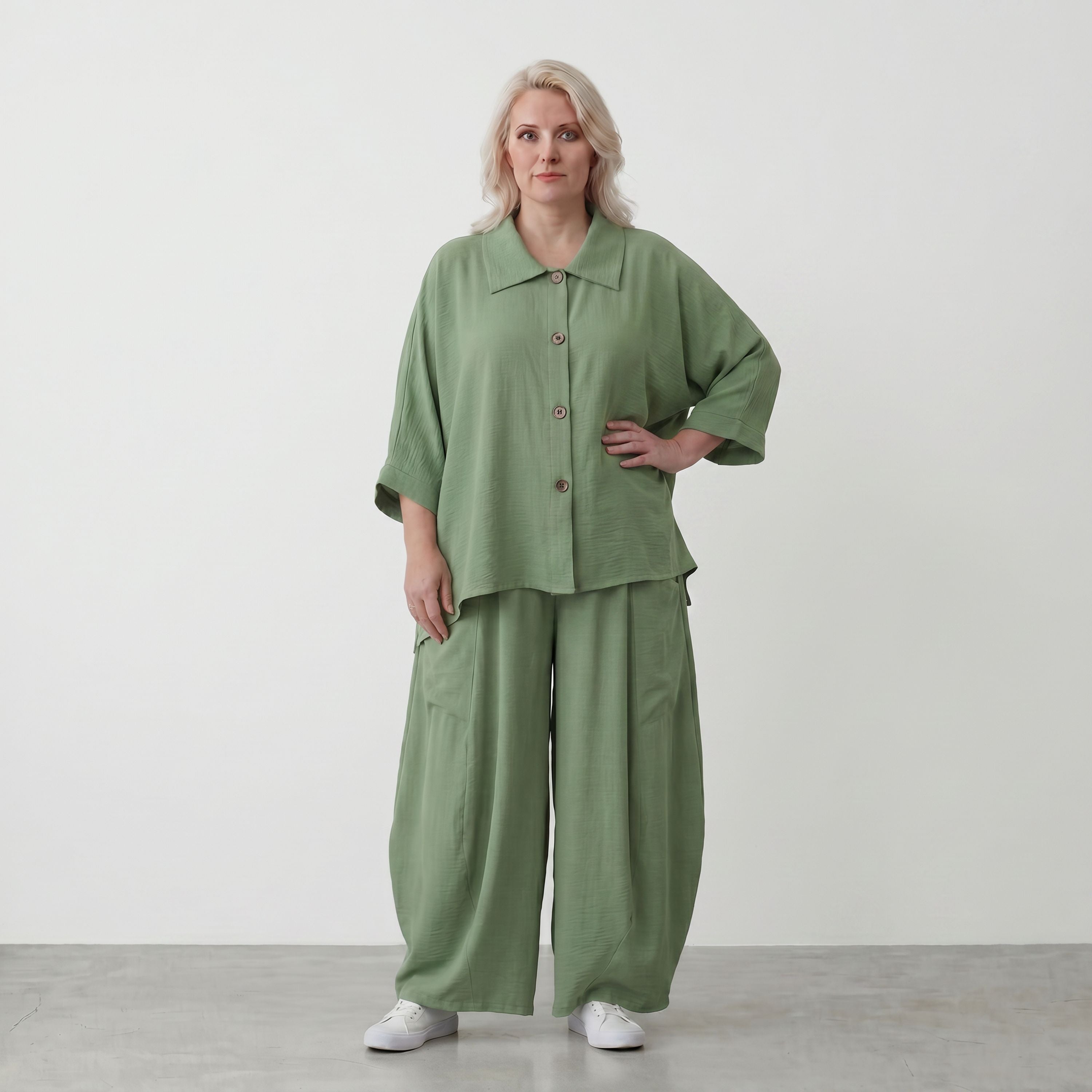 Locker geschnitten Oversize Ballonhose Khaki im Lagenlook aus Leinen luftig zeitlos soft