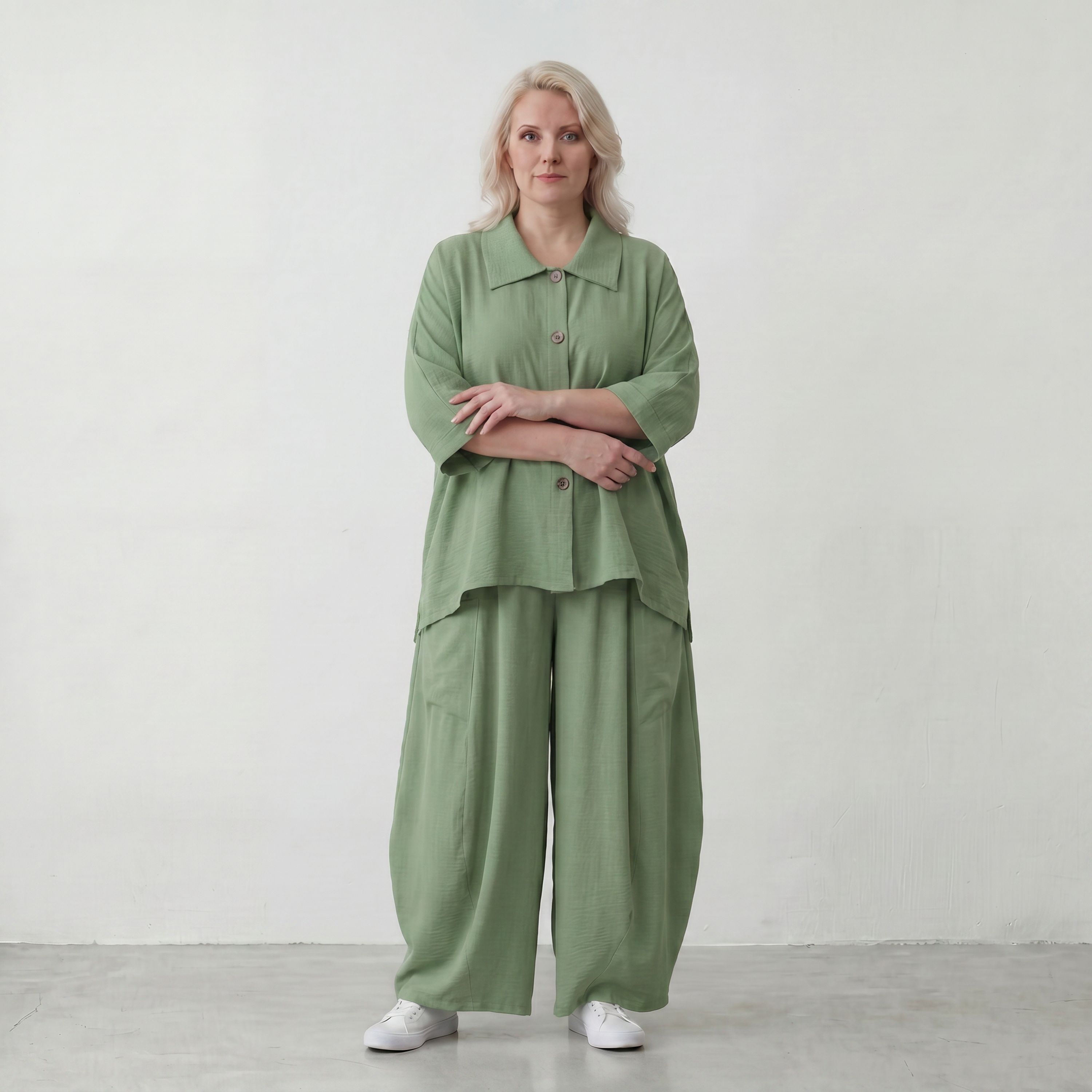Locker geschnitten Oversize Ballonhose Khaki im Lagenlook aus Leinen luftig zeitlos soft