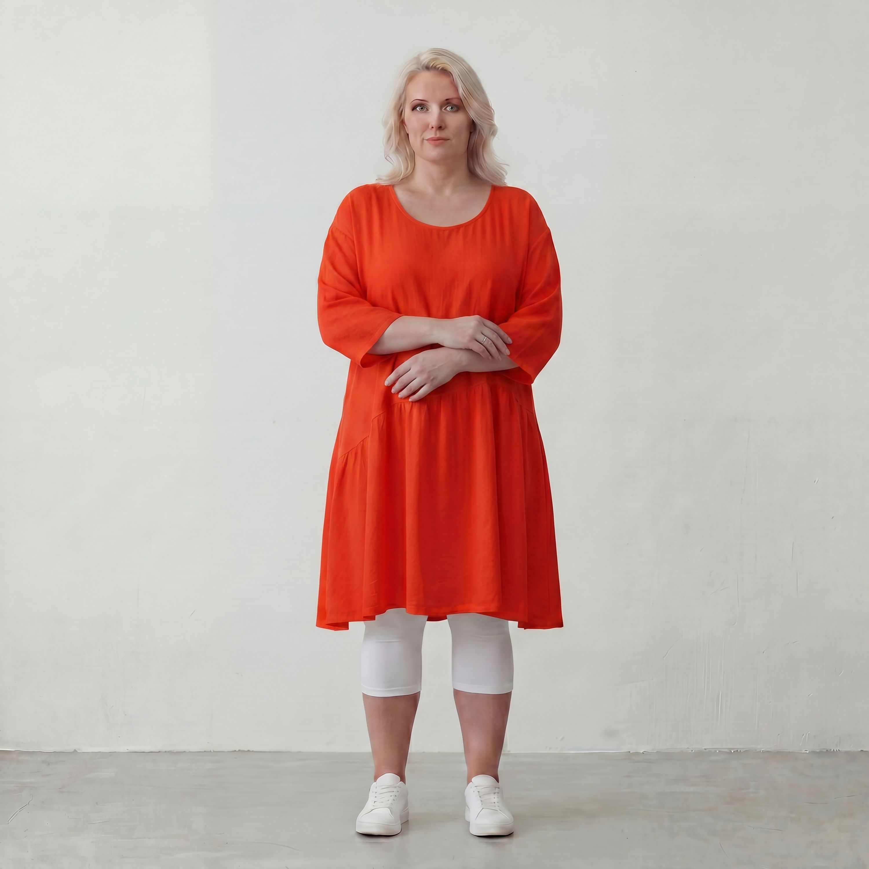 Zeitloses Oversize Lagenlook Kleid in Hellrot mit Leinenoptik leger und luftig locker