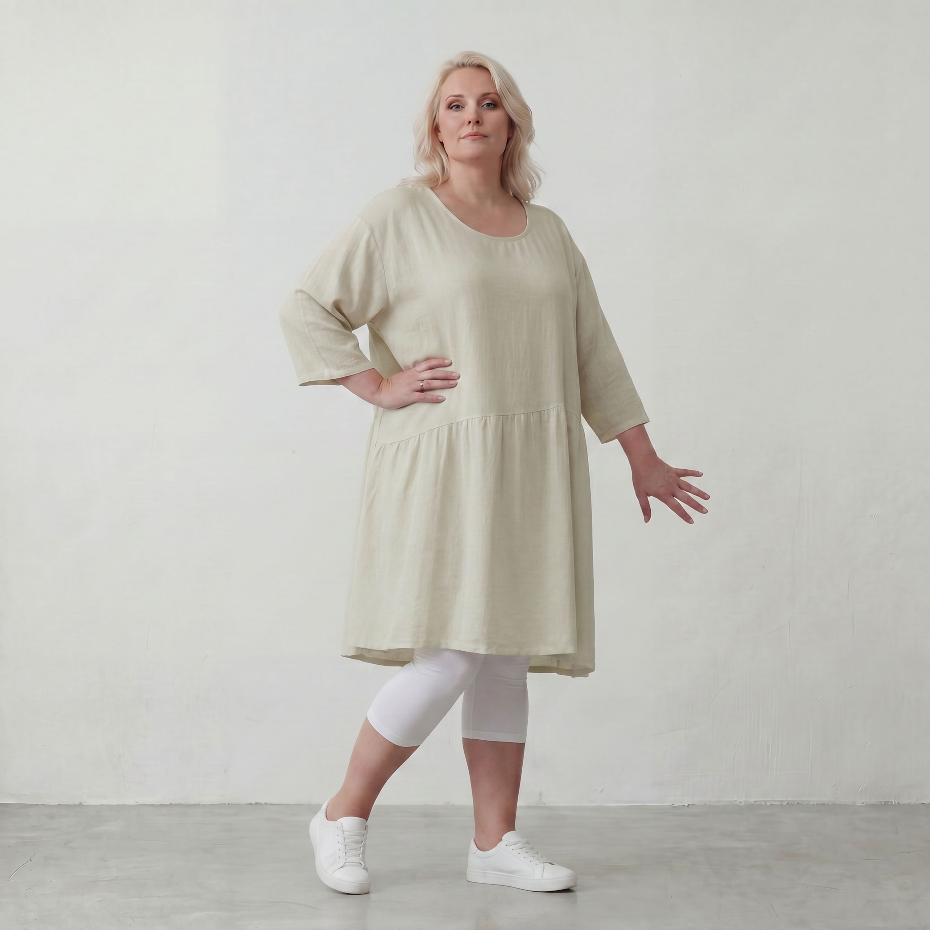 Zeitloses Beigekleid im legeren Lagenlook mit Leinenoptik Oversize A Linie leicht luftig