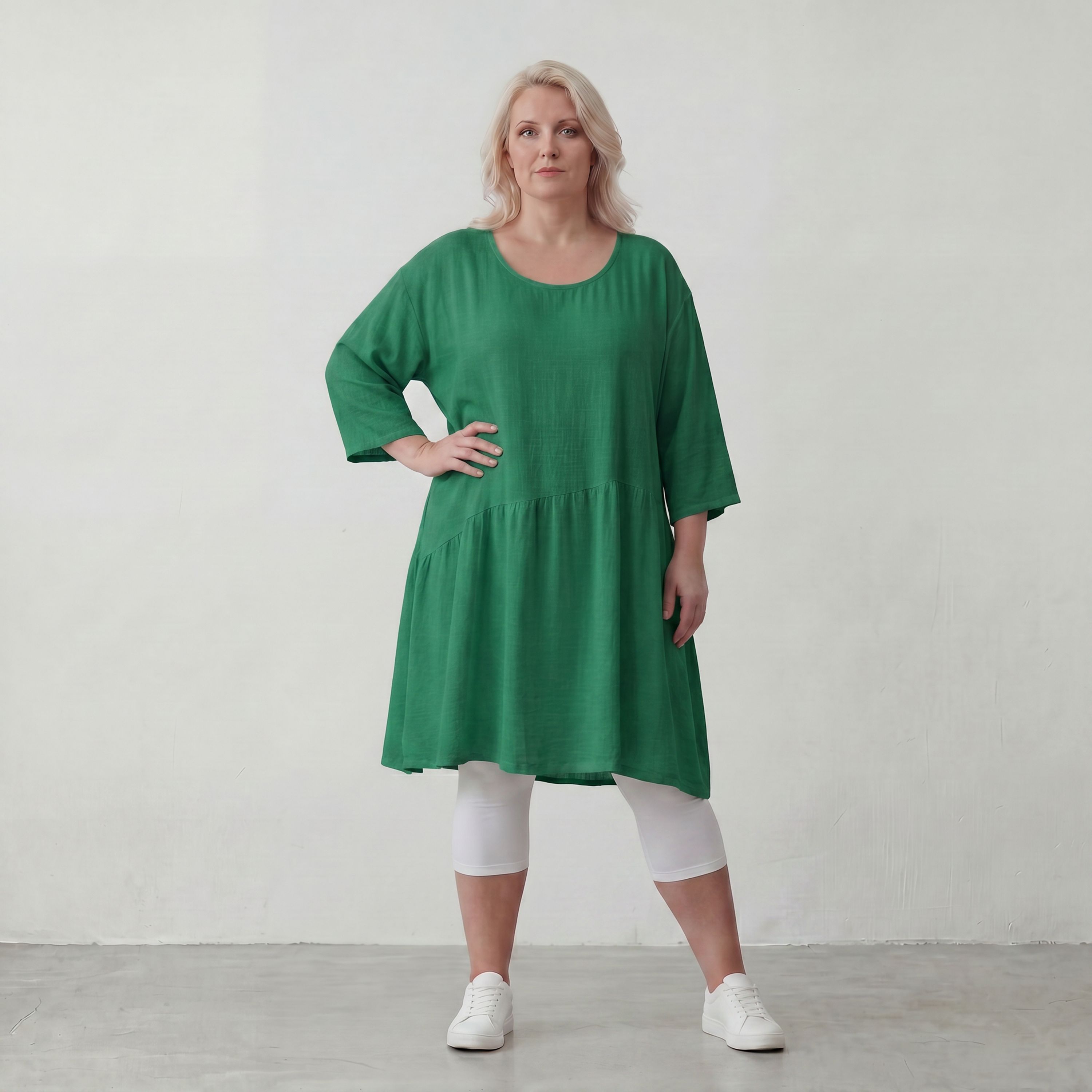 Zeitloses Oversize Lagenlook Kleid in Smaragdgrün mit Leinenoptik leger sehr ausgefallen