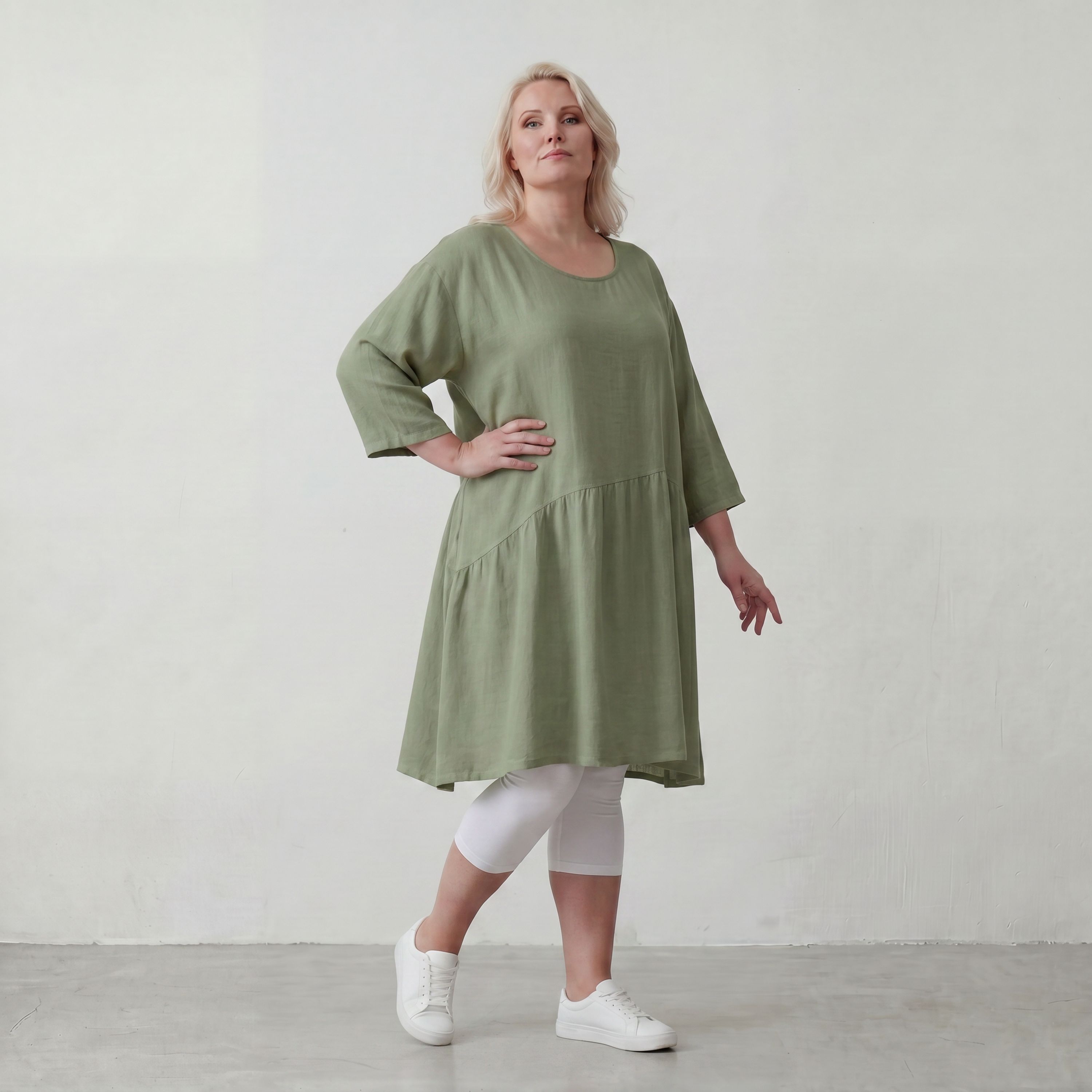 Fliessendes A Linien Kleid in Khaki mit Leinenlook leger Oversize zeitlos luftig Taschen