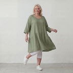 Fliessendes A Linien Kleid in Khaki mit Leinenlook leger Oversize zeitlos luftig Taschen