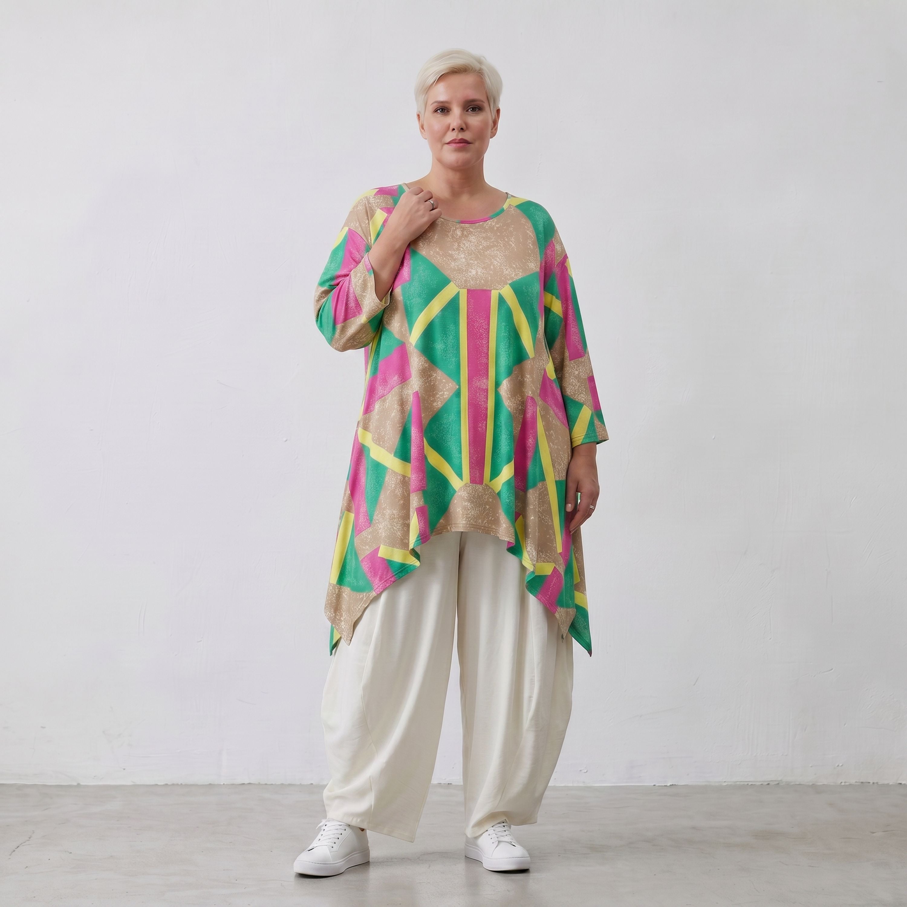 Damen Shirt Lagenlook Viskose Beige/Grün, A-Form, 3/4-Arm, Oversize große Größen – AKH Fashion